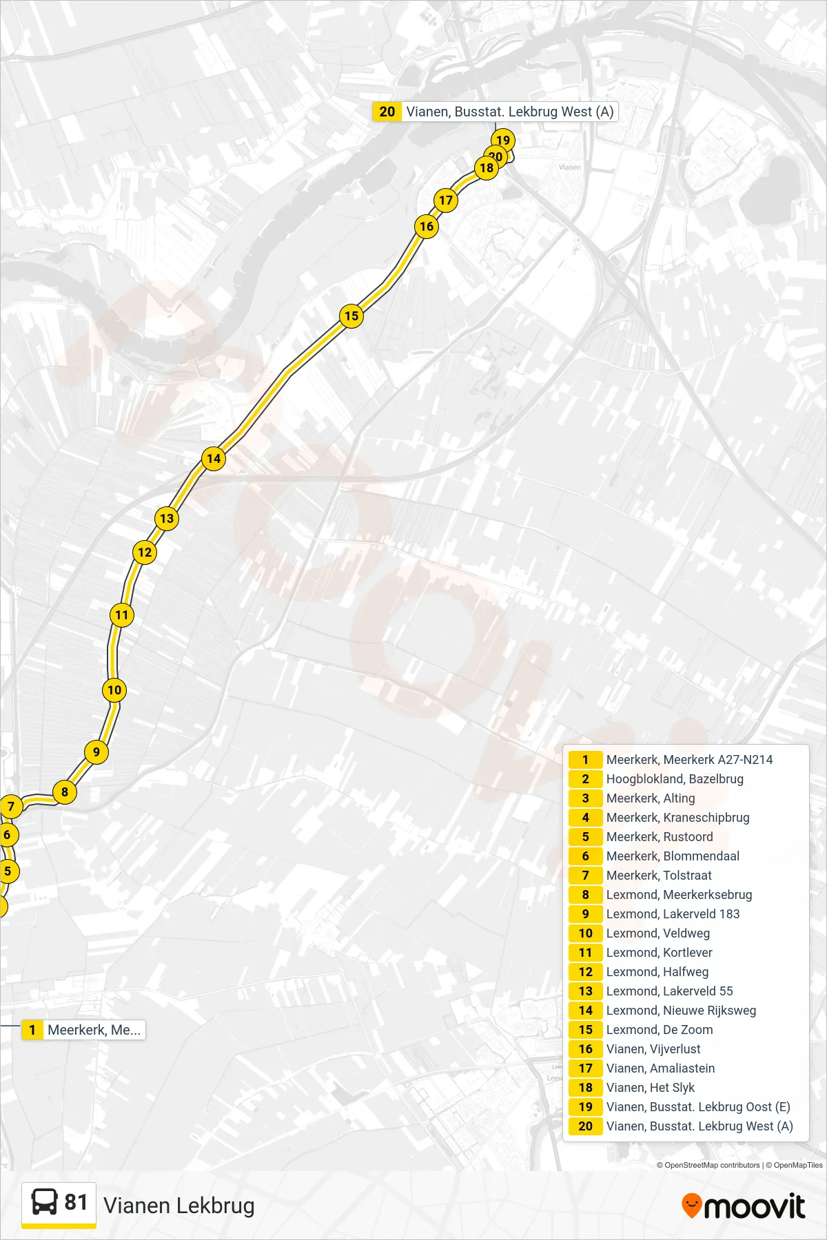 Lijn 81 (bus, Vianen Lekbrug): route en haltes op de kaart