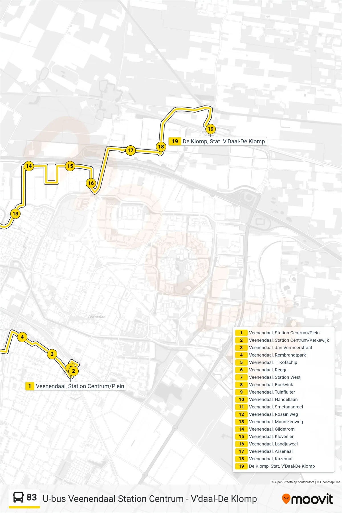 Lijn 83 (bus, Station De Klomp): route en haltes op de kaart