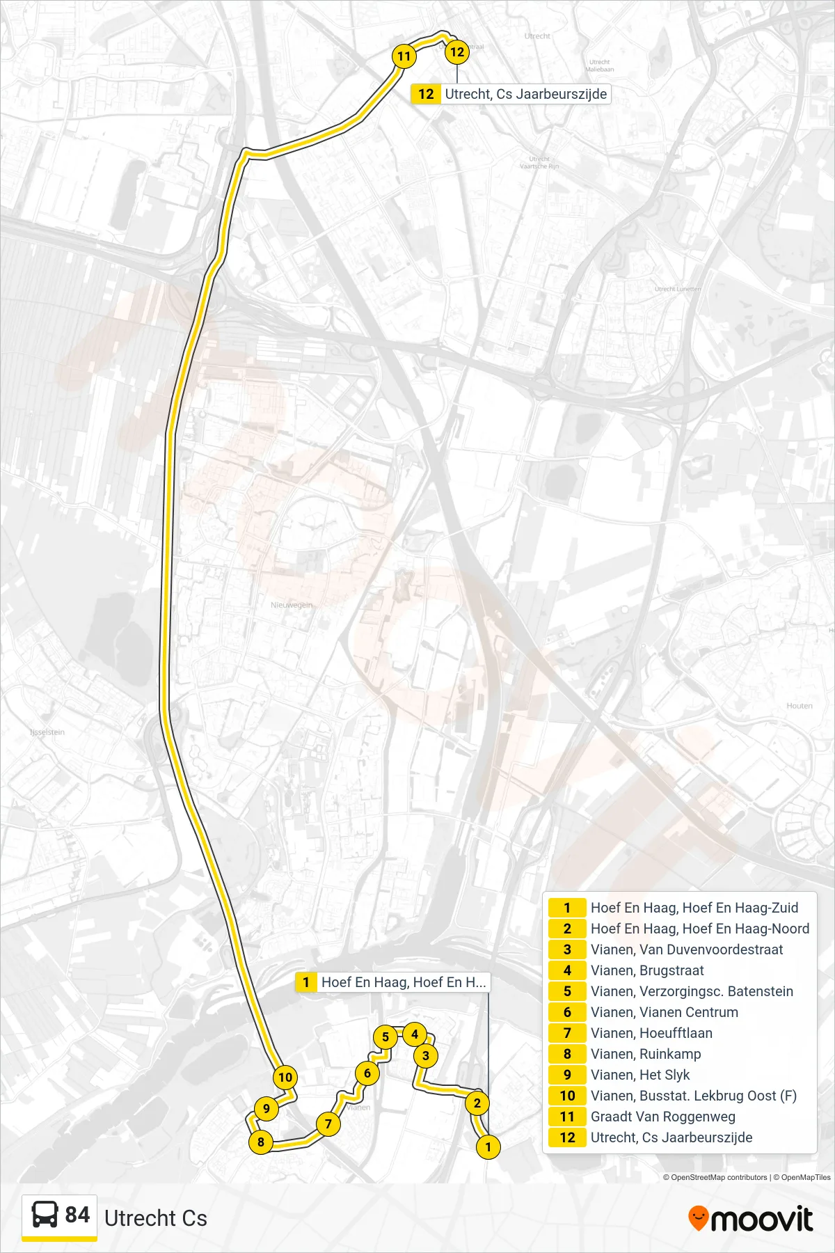 Lijn 84 (bus, Utrecht Cs): route en haltes op de kaart