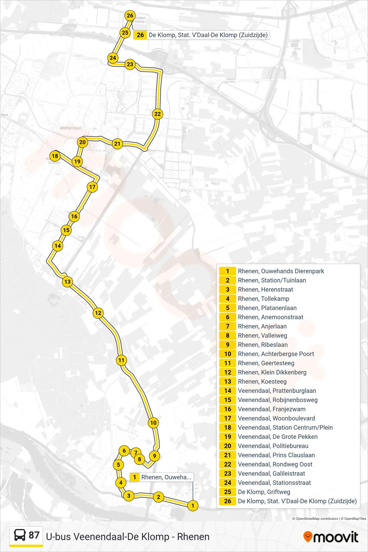 Lijn 87 (bus, Station De Klomp): route en haltes op de kaart