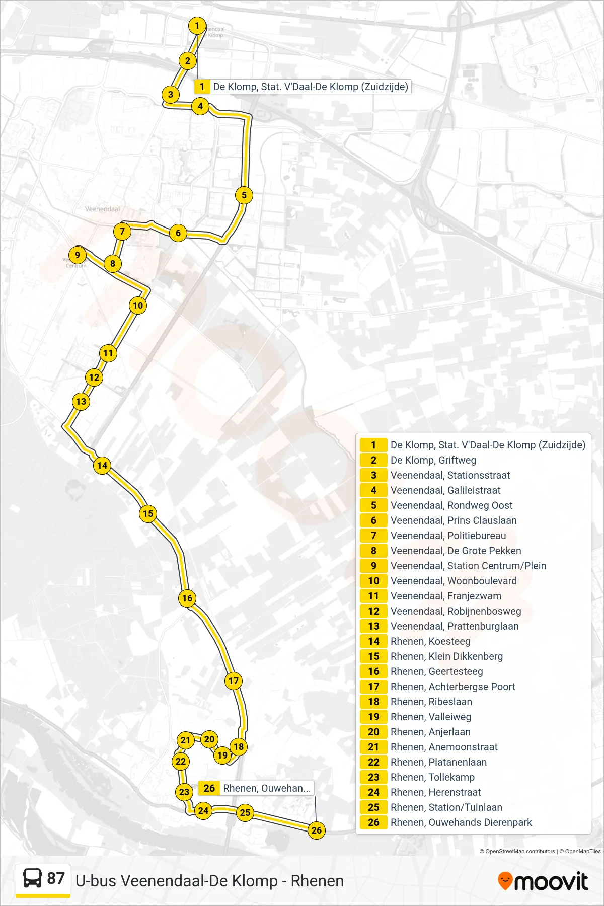 Lijn 87 (bus, Rhenen): route en haltes op de kaart