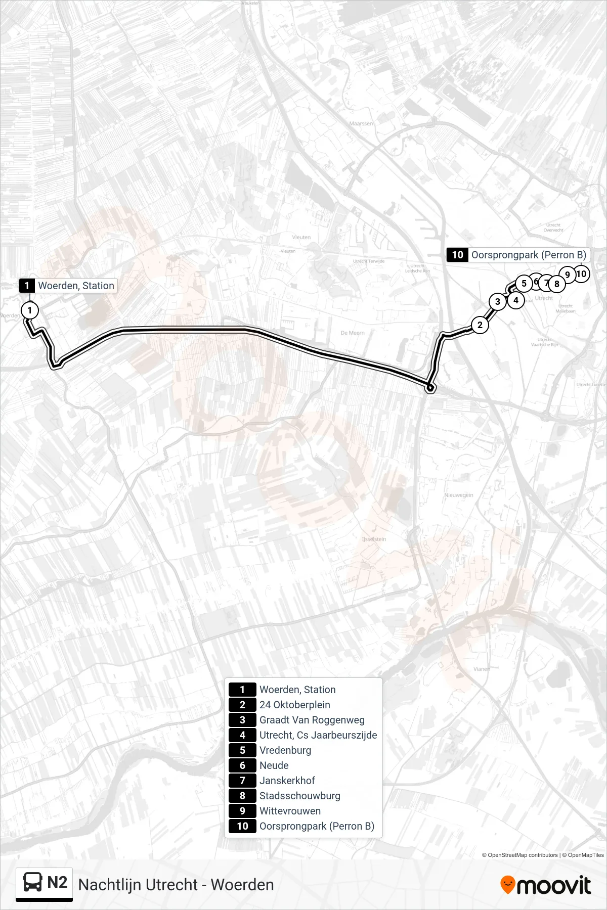 Lijn N2 (bus, Oorsprongpark): route en haltes op de kaart