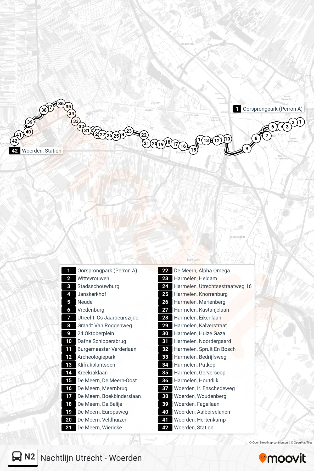 N2 bus Line (Woerden) route and stops on a map