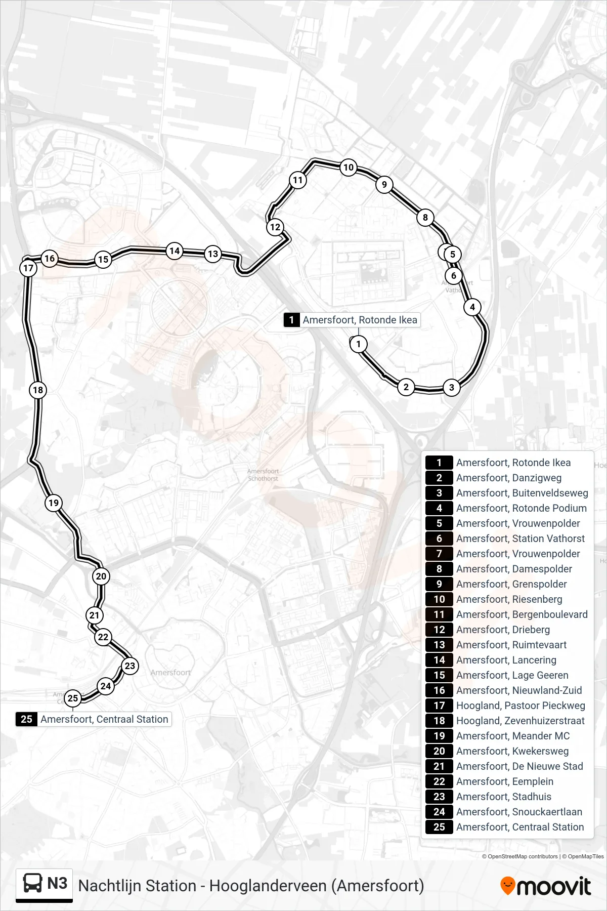Lijn N3 (bus, Centraal Station): route en haltes op de kaart