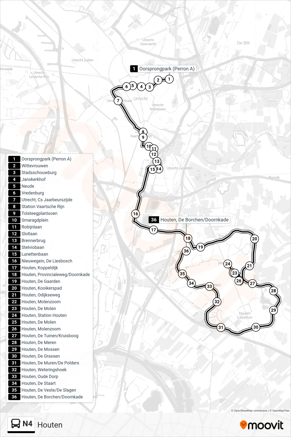 Lijn N4 (bus, Houten): route en haltes op de kaart