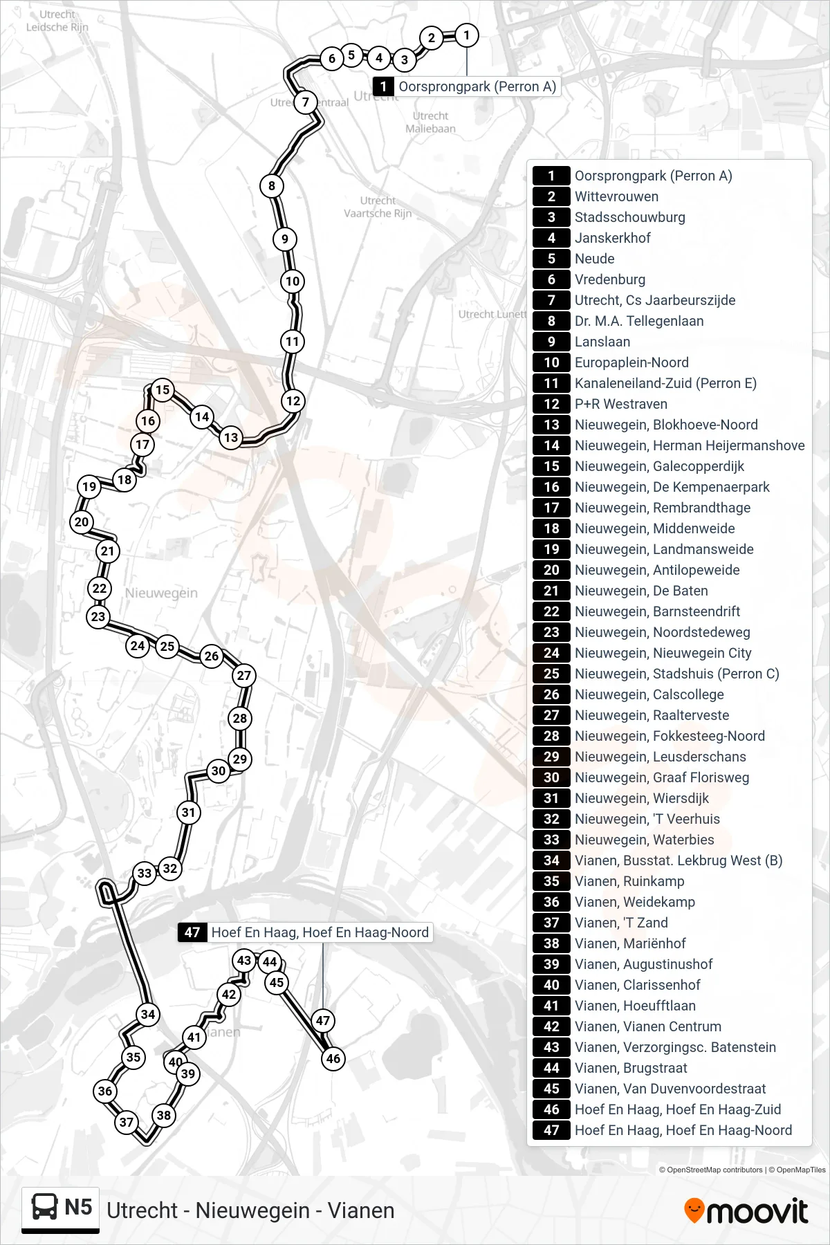 Lijn N5 (bus, Hoef En Haag): route en haltes op de kaart