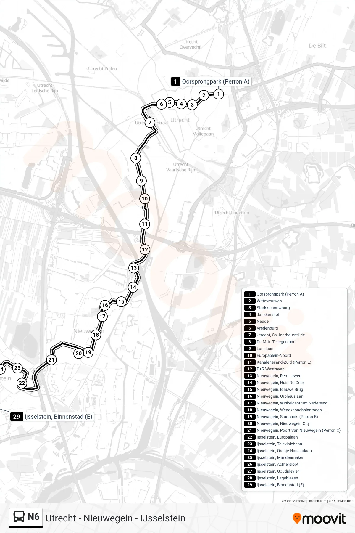 Lijn N6 (bus, Ijsselstein): route en haltes op de kaart