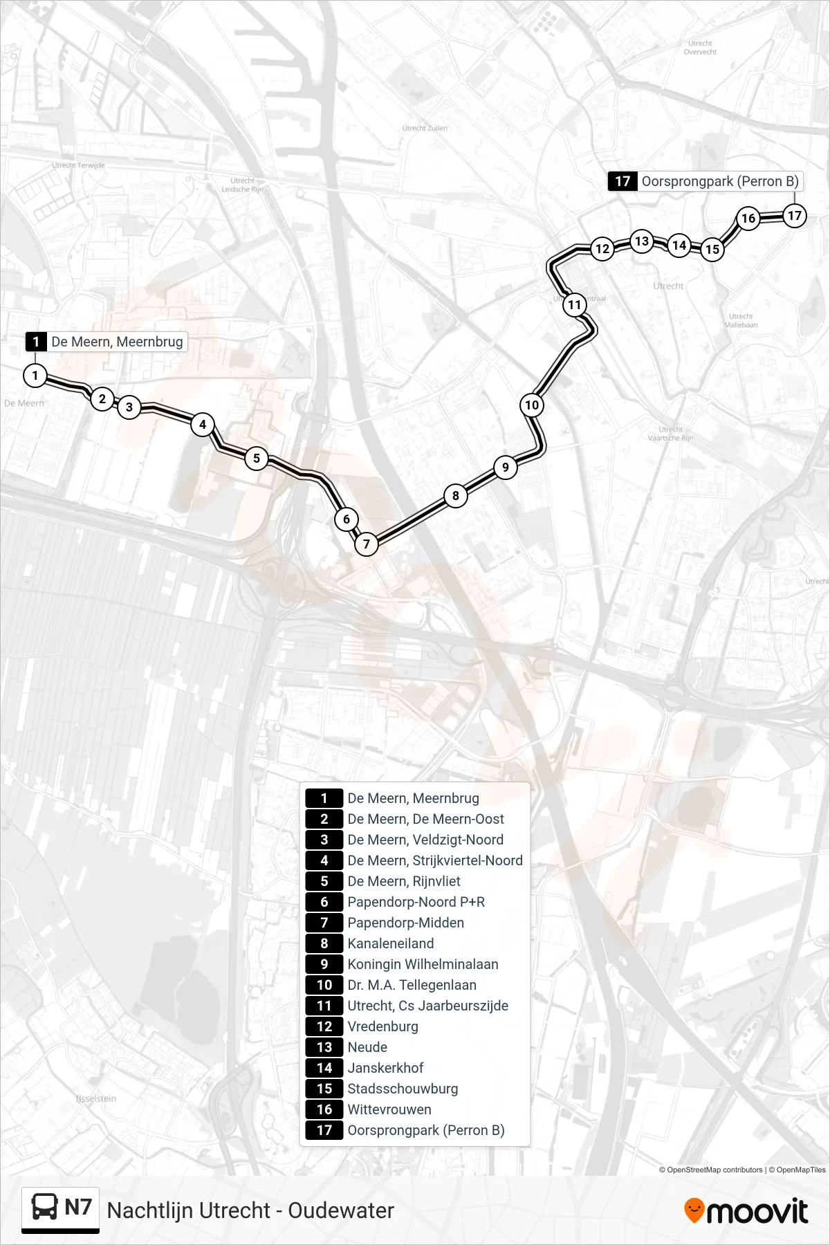 N7 bus Line (Oorsprongpark) route and stops on a map