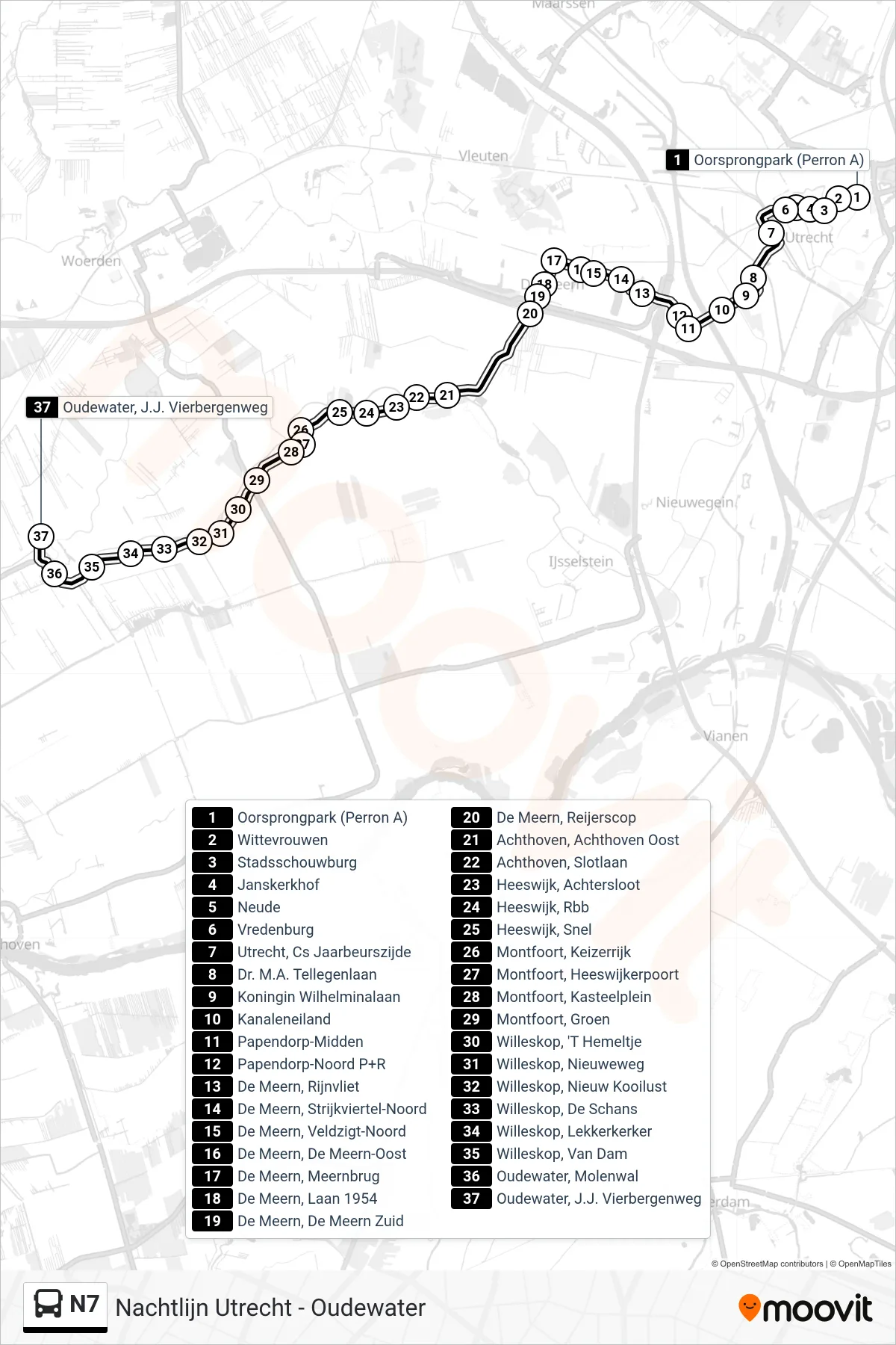 Lijn N7 (bus, Oudewater): route en haltes op de kaart
