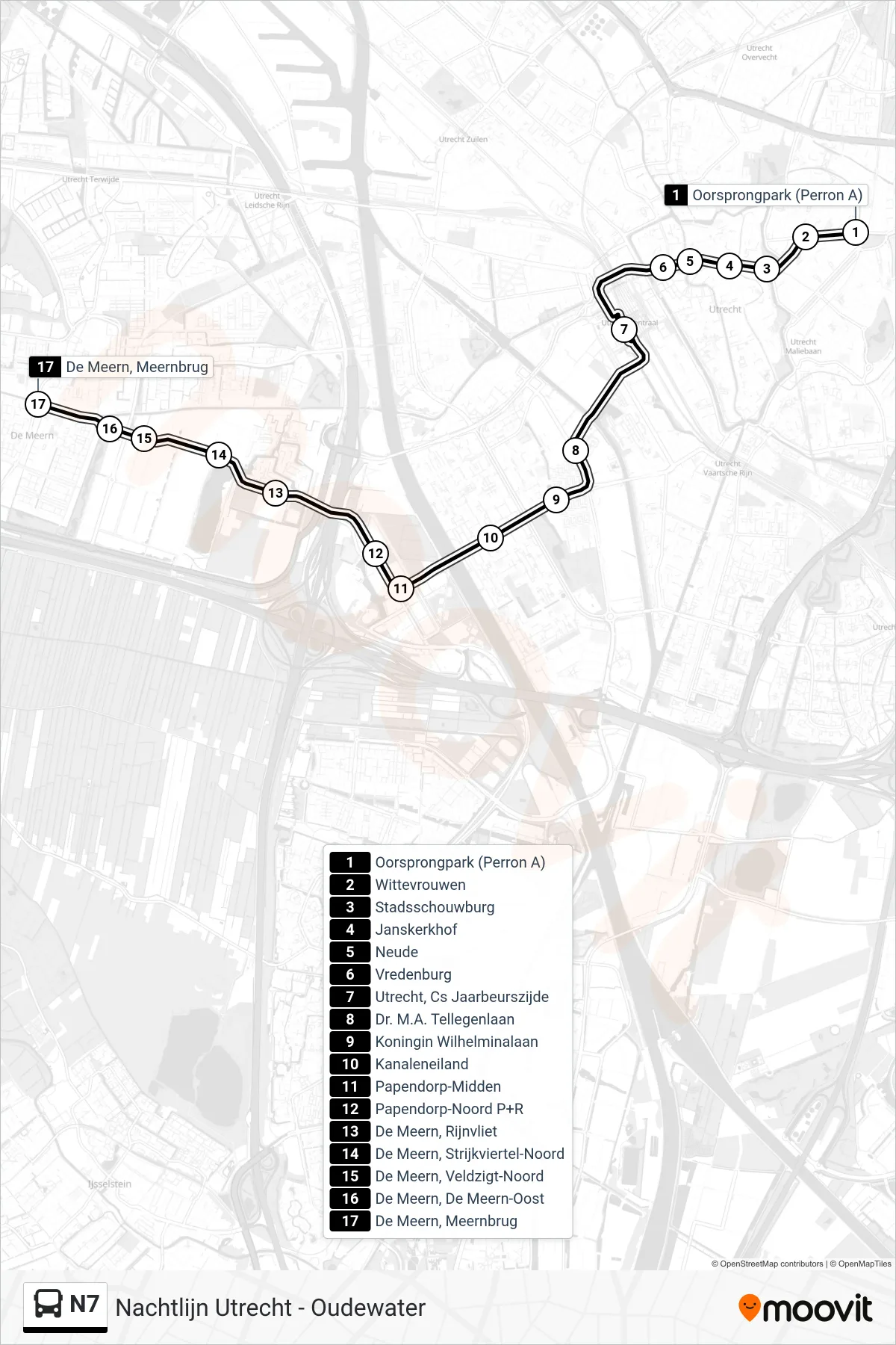 N7 bus Line (De Meern) route and stops on a map
