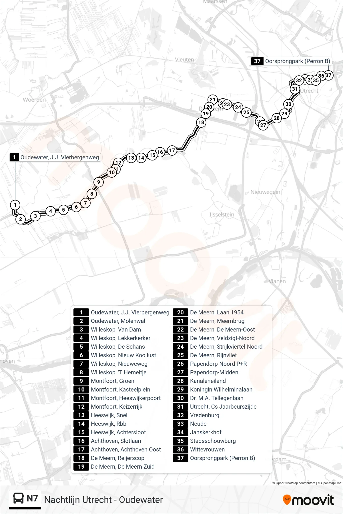 Lijn N7 (bus, Utrecht Cs): route en haltes op de kaart