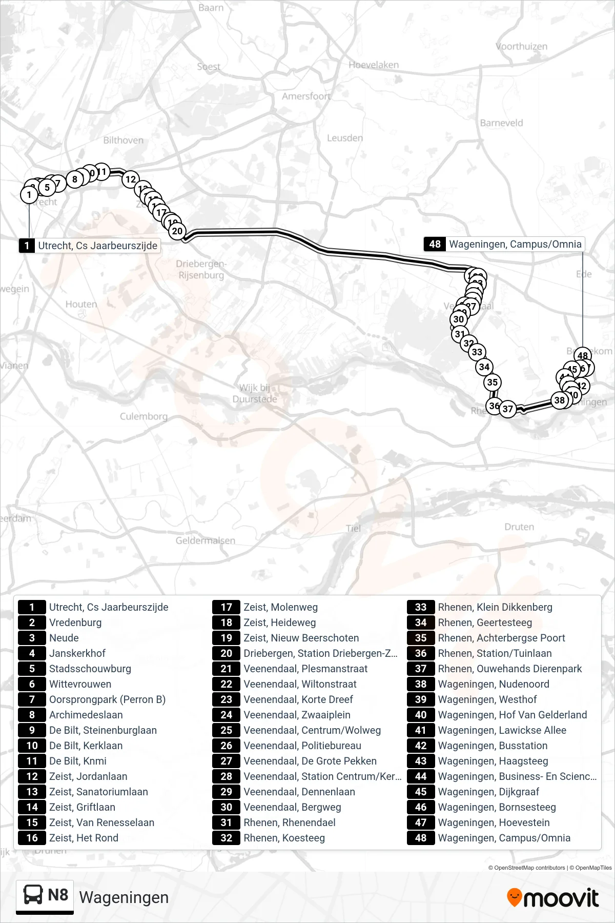 Lijn N8 (bus, Wageningen): route en haltes op de kaart