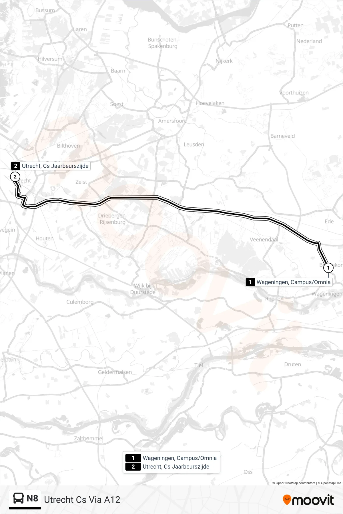 Lijn N8 (bus, Utrecht Cs Via A12): route en haltes op de kaart