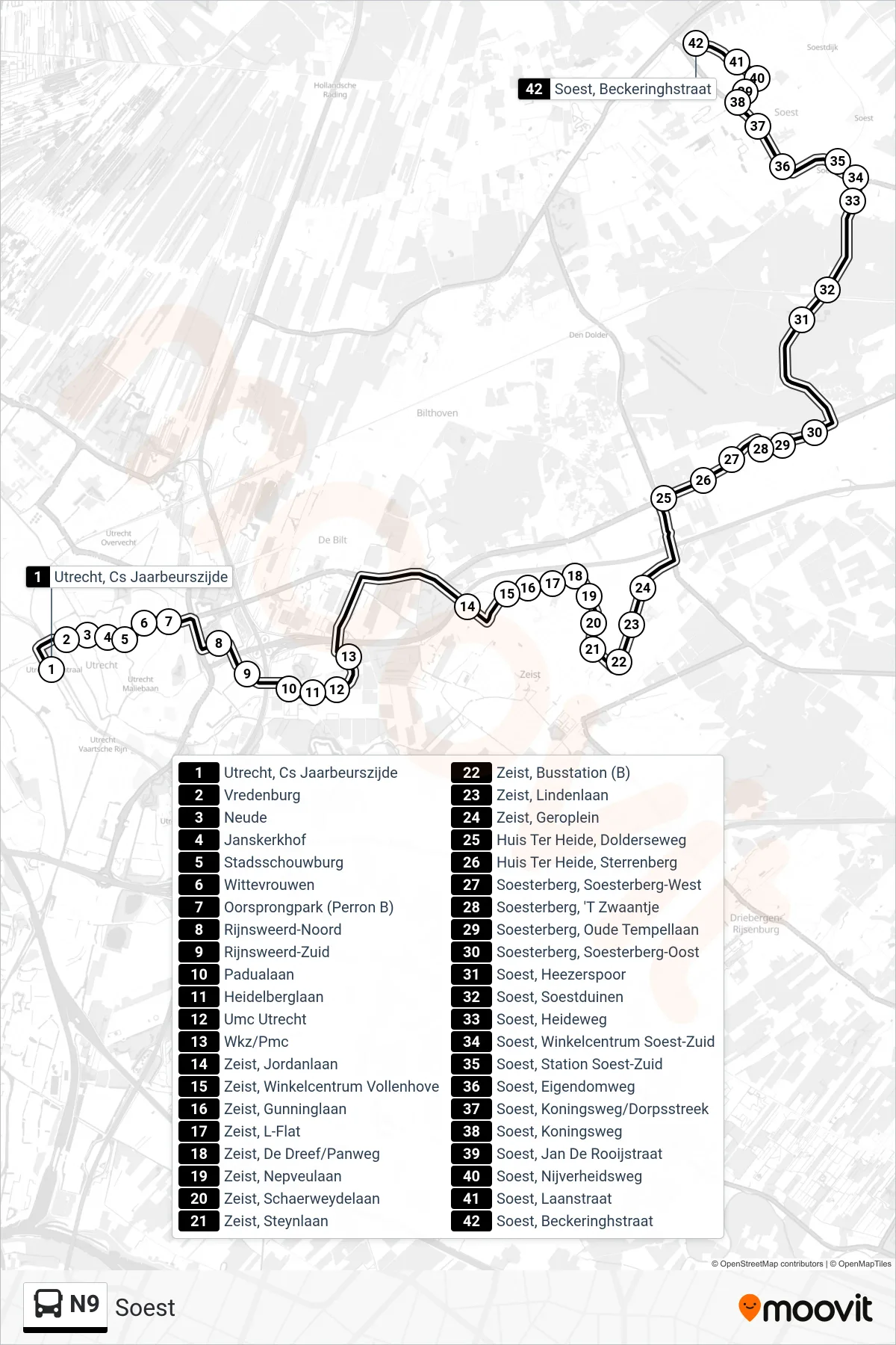 Lijn N9 (bus, Soest): route en haltes op de kaart