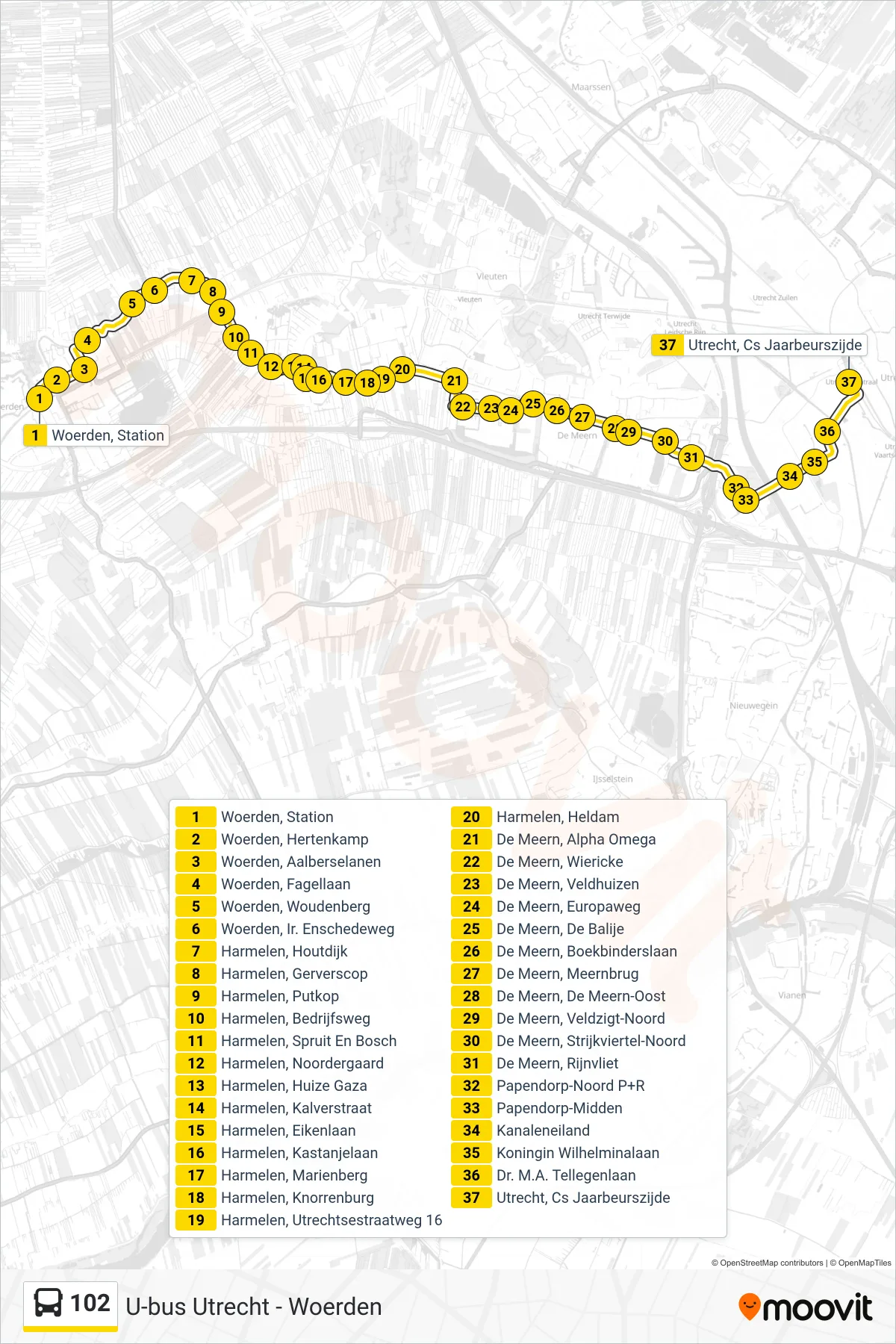 102 bus Line (Utrecht Cs) route and stops on a map