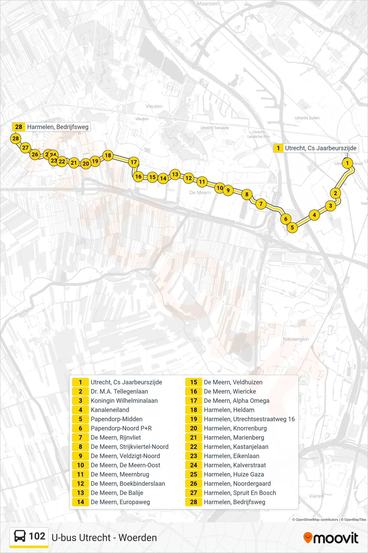 Lijn 102 (bus, Harmelen): route en haltes op de kaart