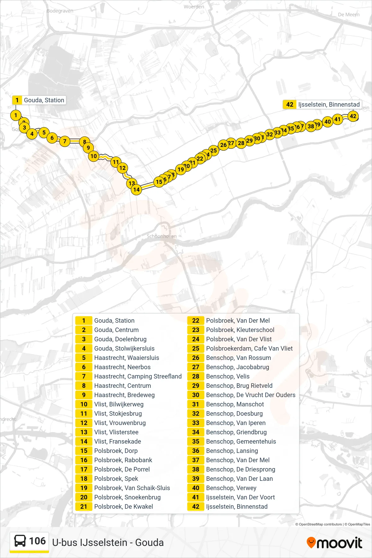 Lijn 106 (bus, Ijsselstein): route en haltes op de kaart