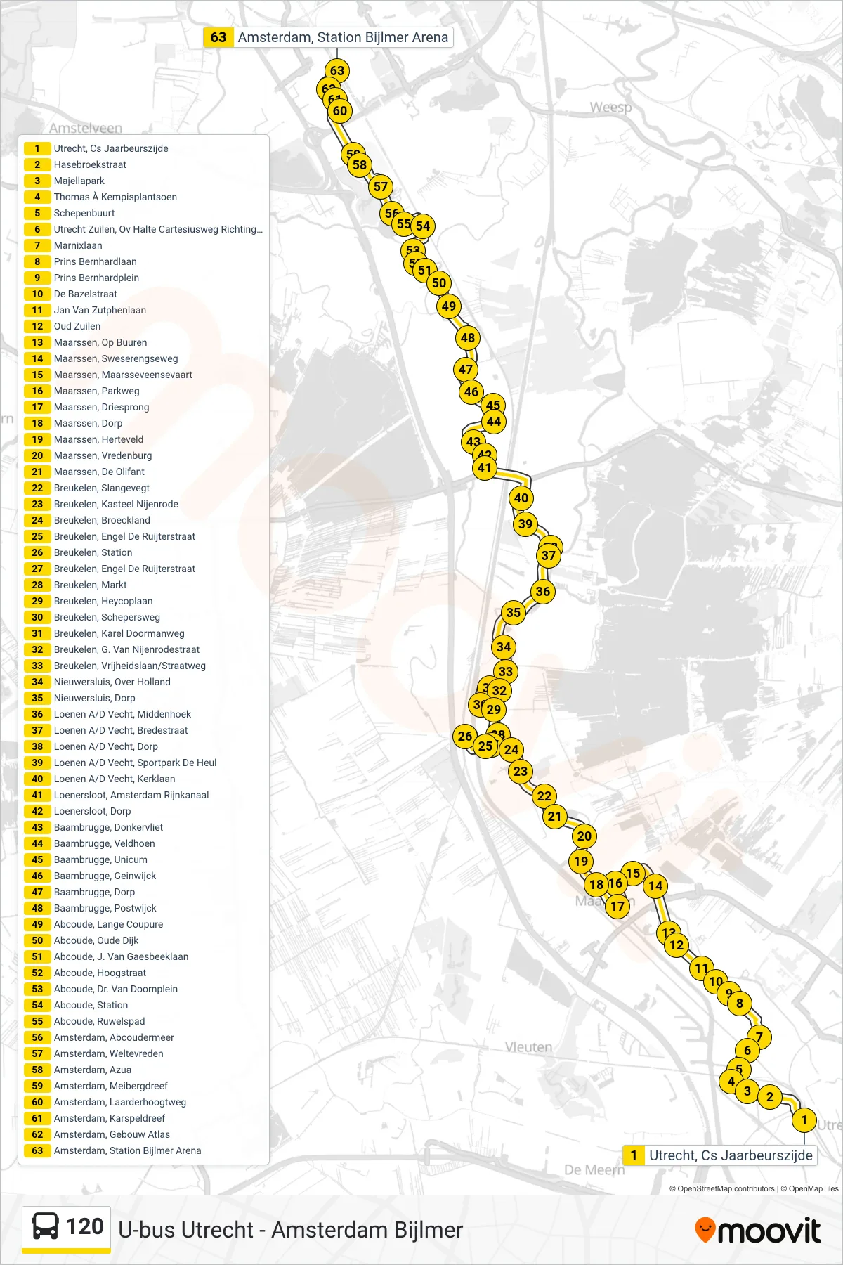 Lijn 120 (bus, Amsterdam): route en haltes op de kaart