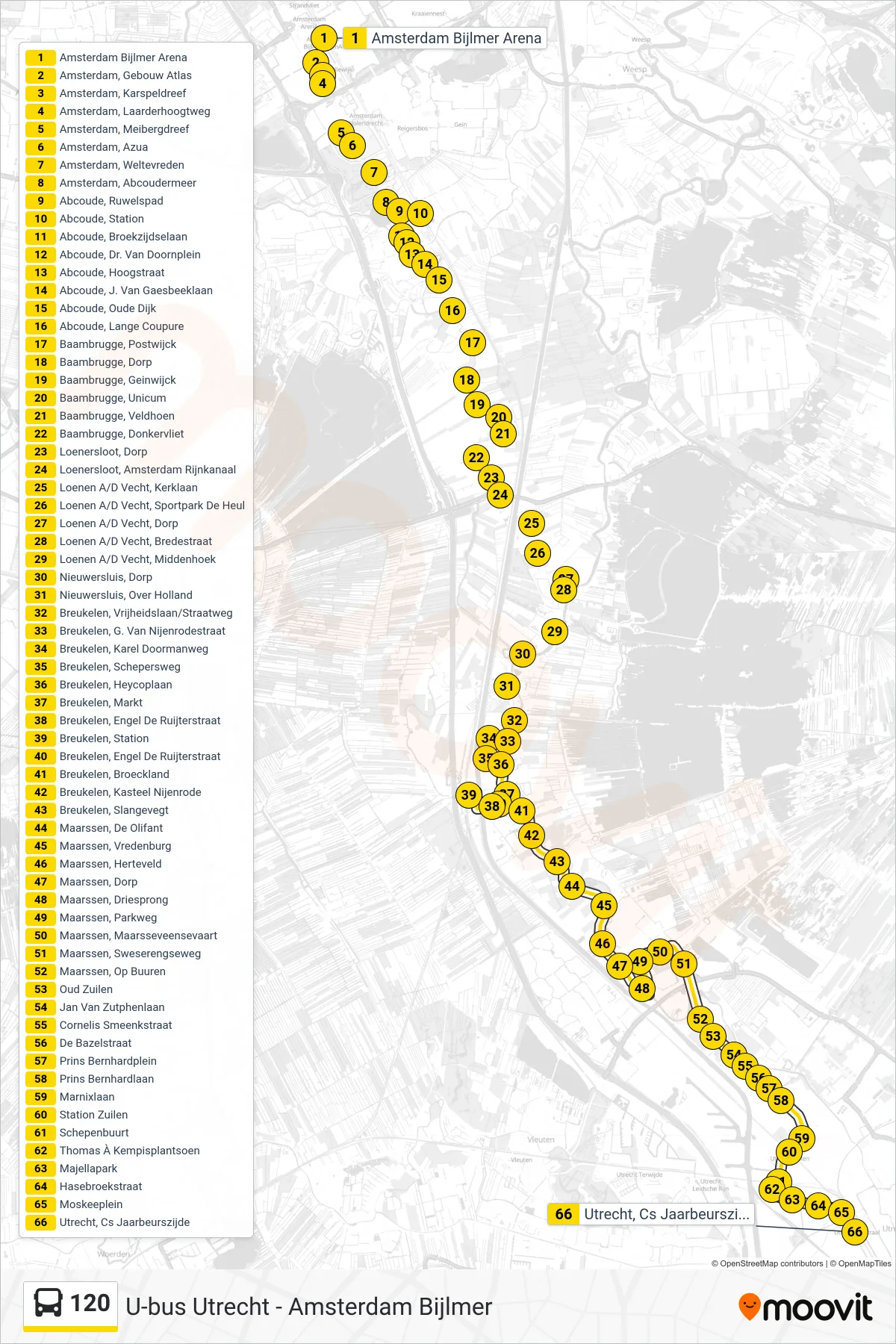 120 bus Line (Utrecht Cs) route and stops on a map