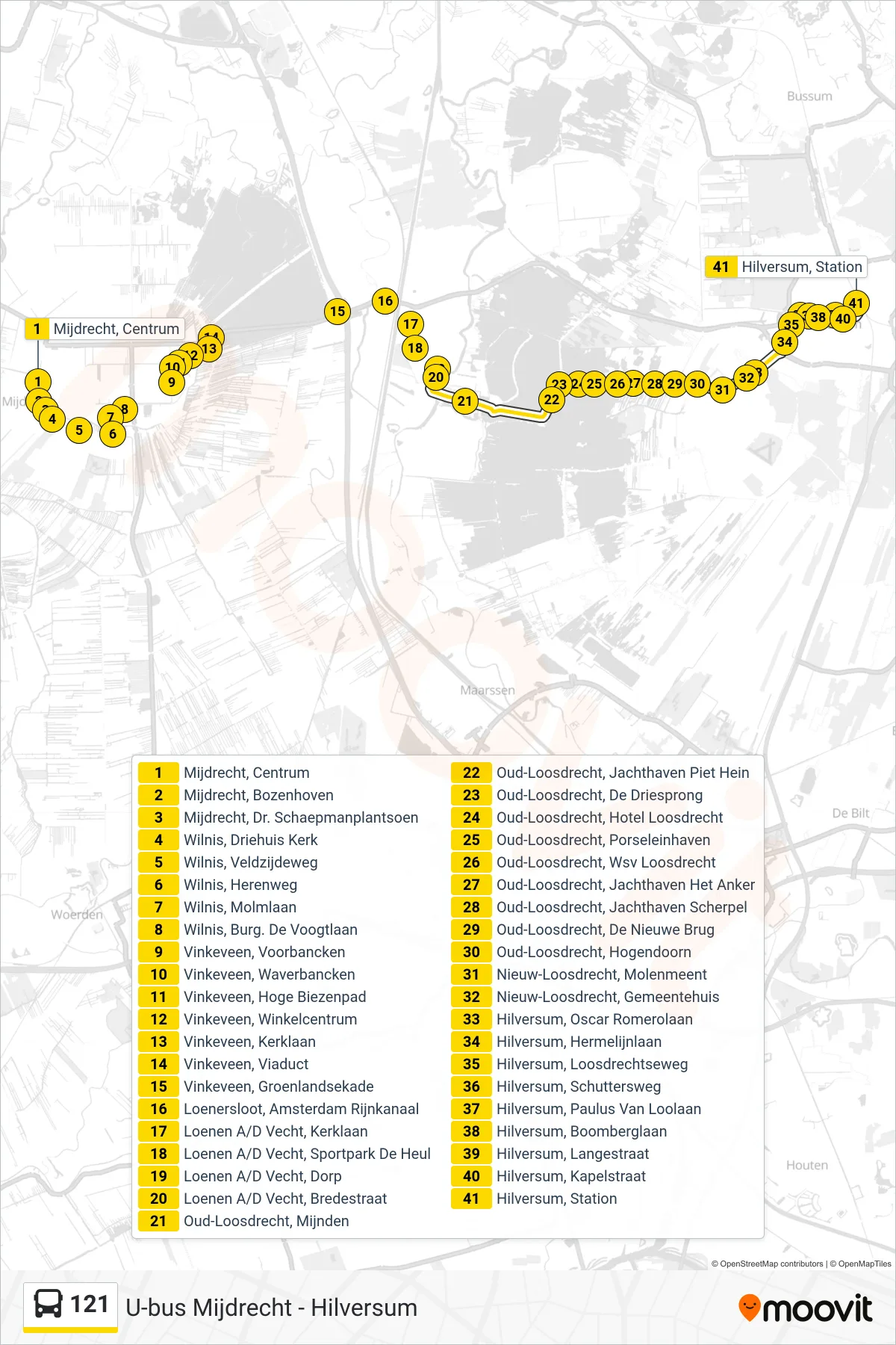 Lijn 121 (bus, Hilversum): route en haltes op de kaart