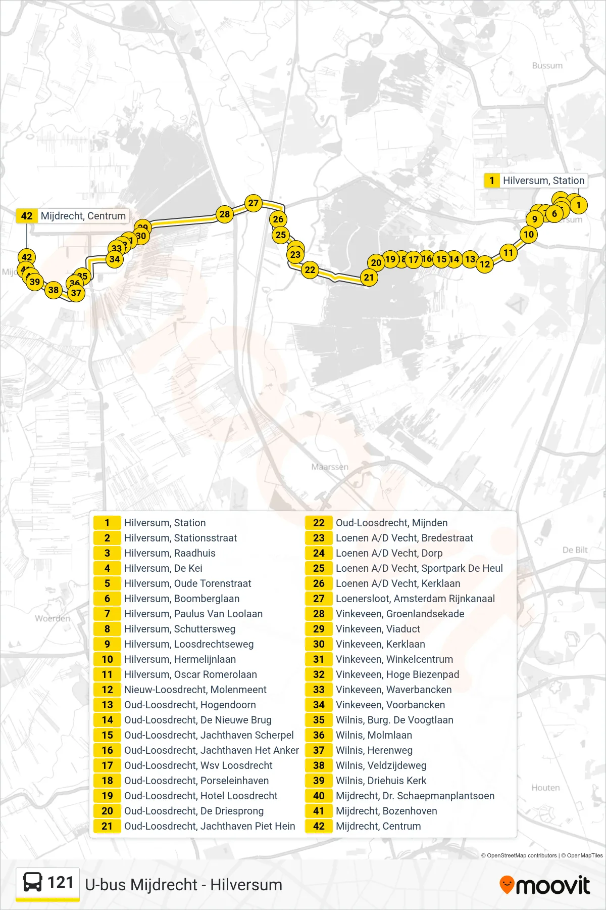 121 bus Line (Mijdrecht) route and stops on a map