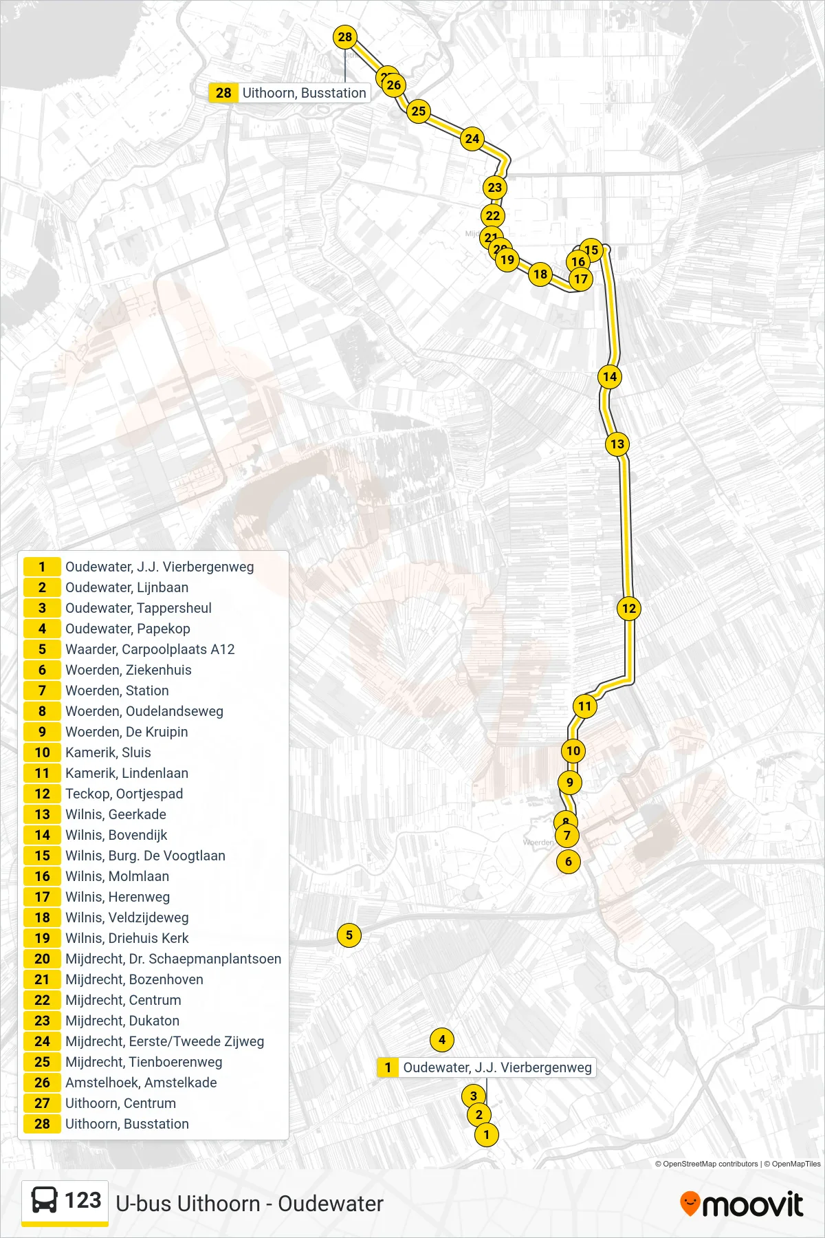 Lijn 123 (bus, Uithoorn): route en haltes op de kaart