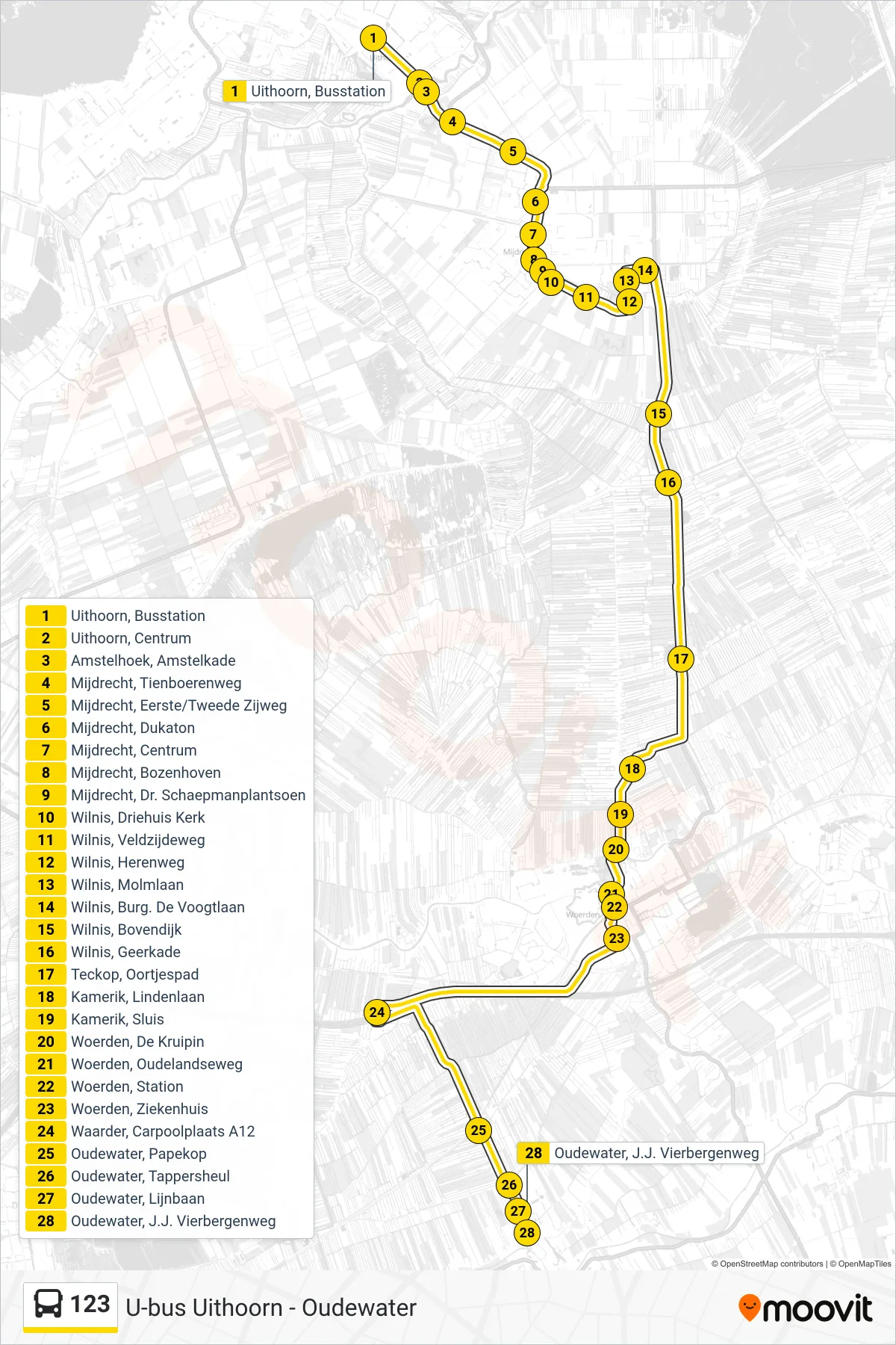 Lijn 123 (bus, Oudewater): route en haltes op de kaart