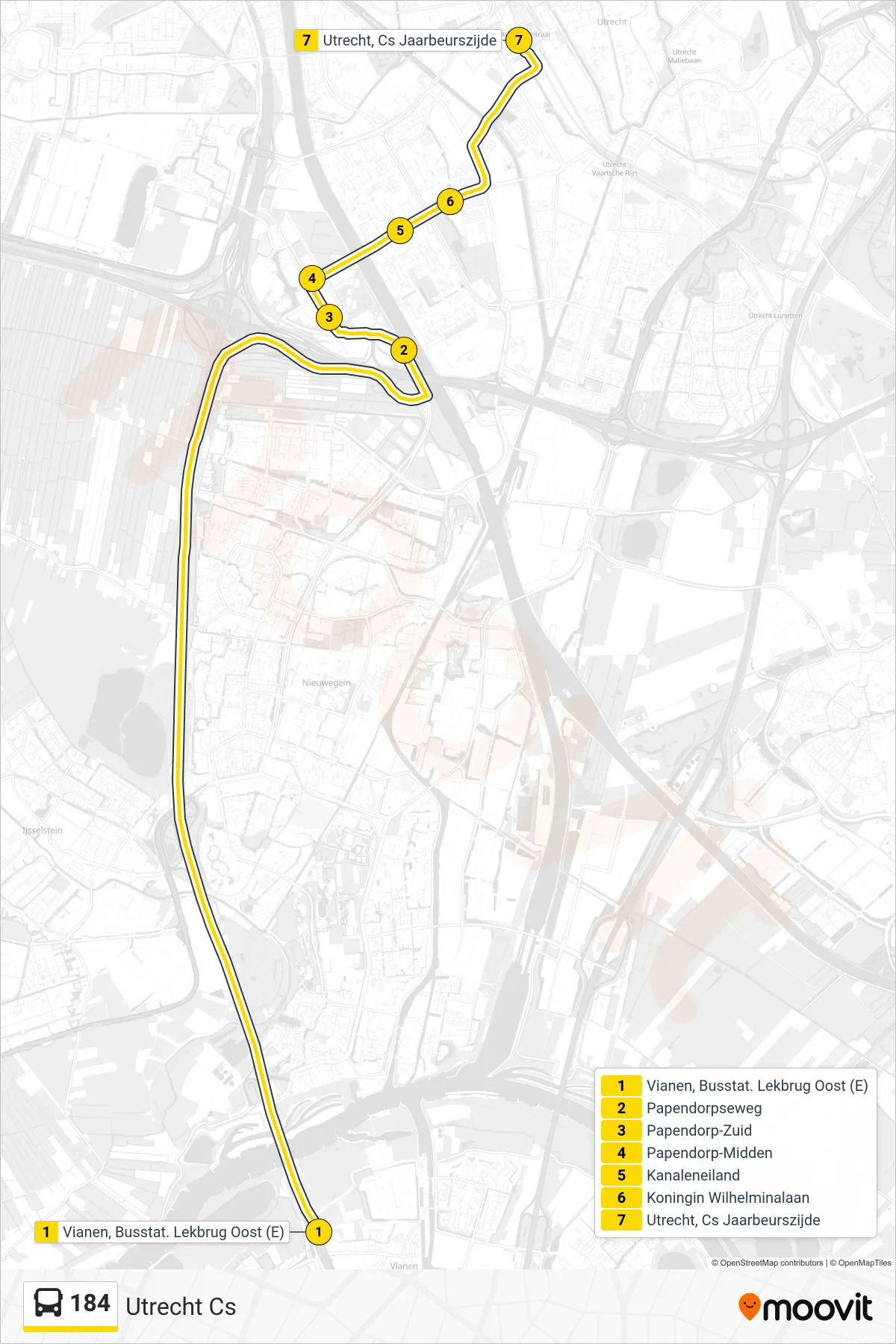 Lijn 184 (bus, Utrecht Cs): route en haltes op de kaart