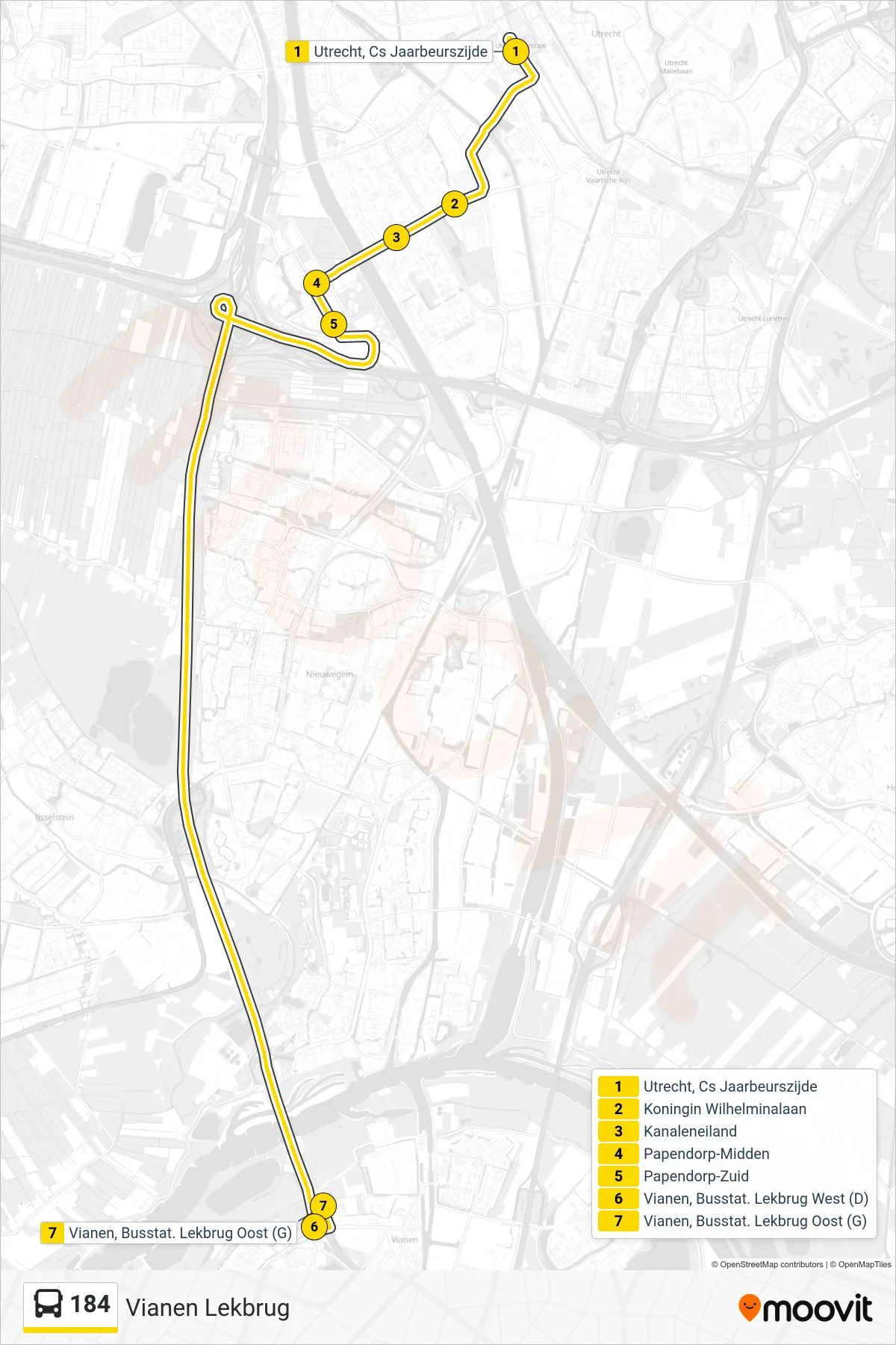 Lijn 184 (bus, Vianen Lekbrug): route en haltes op de kaart