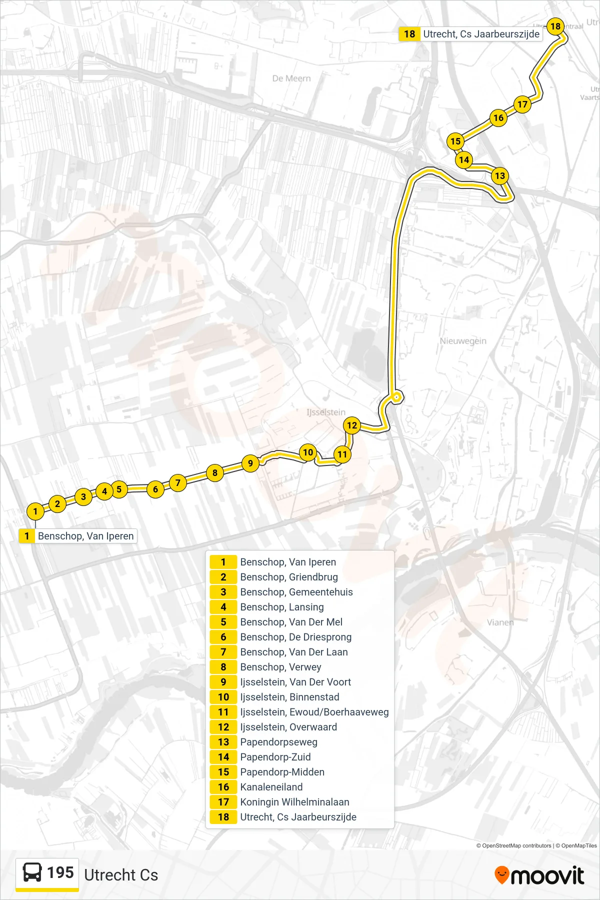195 bus Line (Utrecht Cs) route and stops on a map