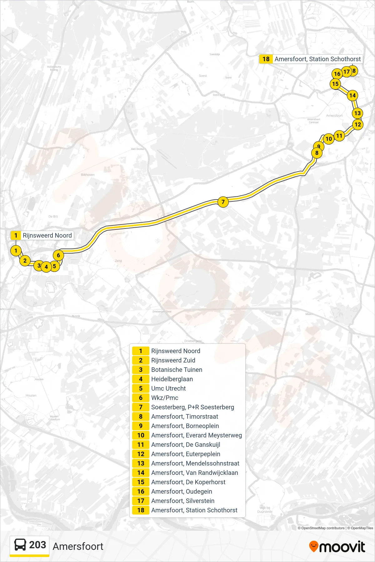 Lijn 203 (bus, Amersfoort): route en haltes op de kaart