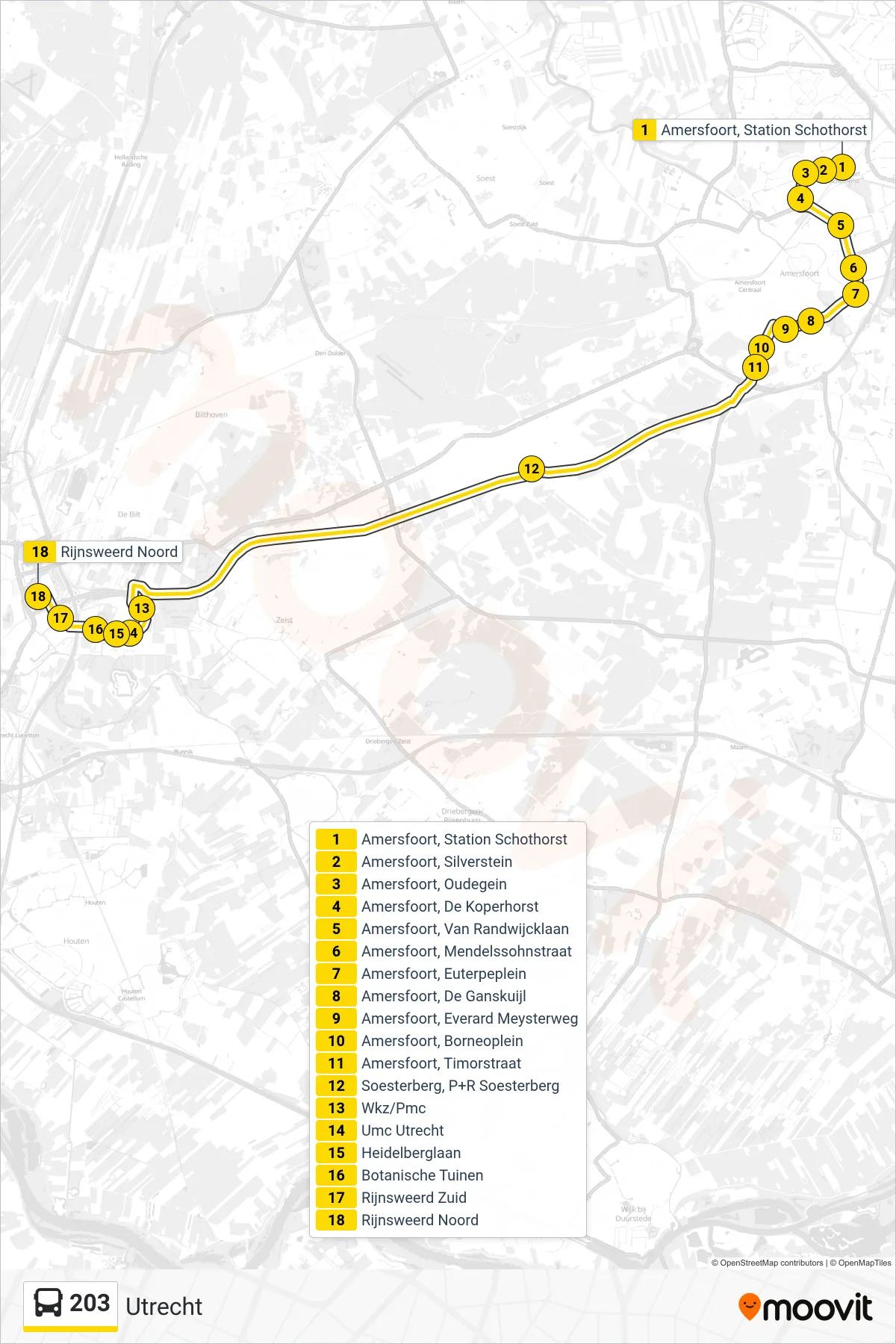 Lijn 203 (bus, Utrecht): route en haltes op de kaart