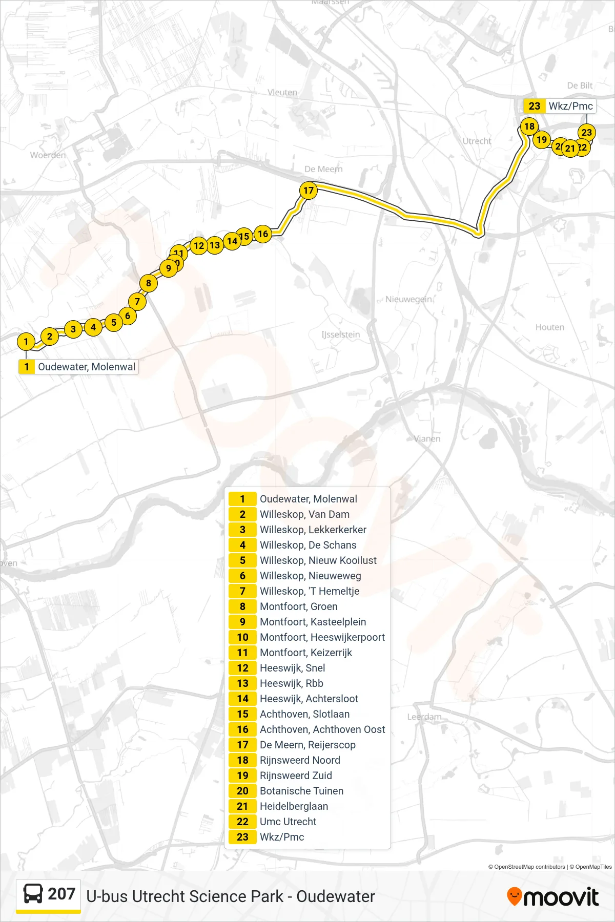 Lijn 207 (bus, Utrecht Science Park): route en haltes op de kaart