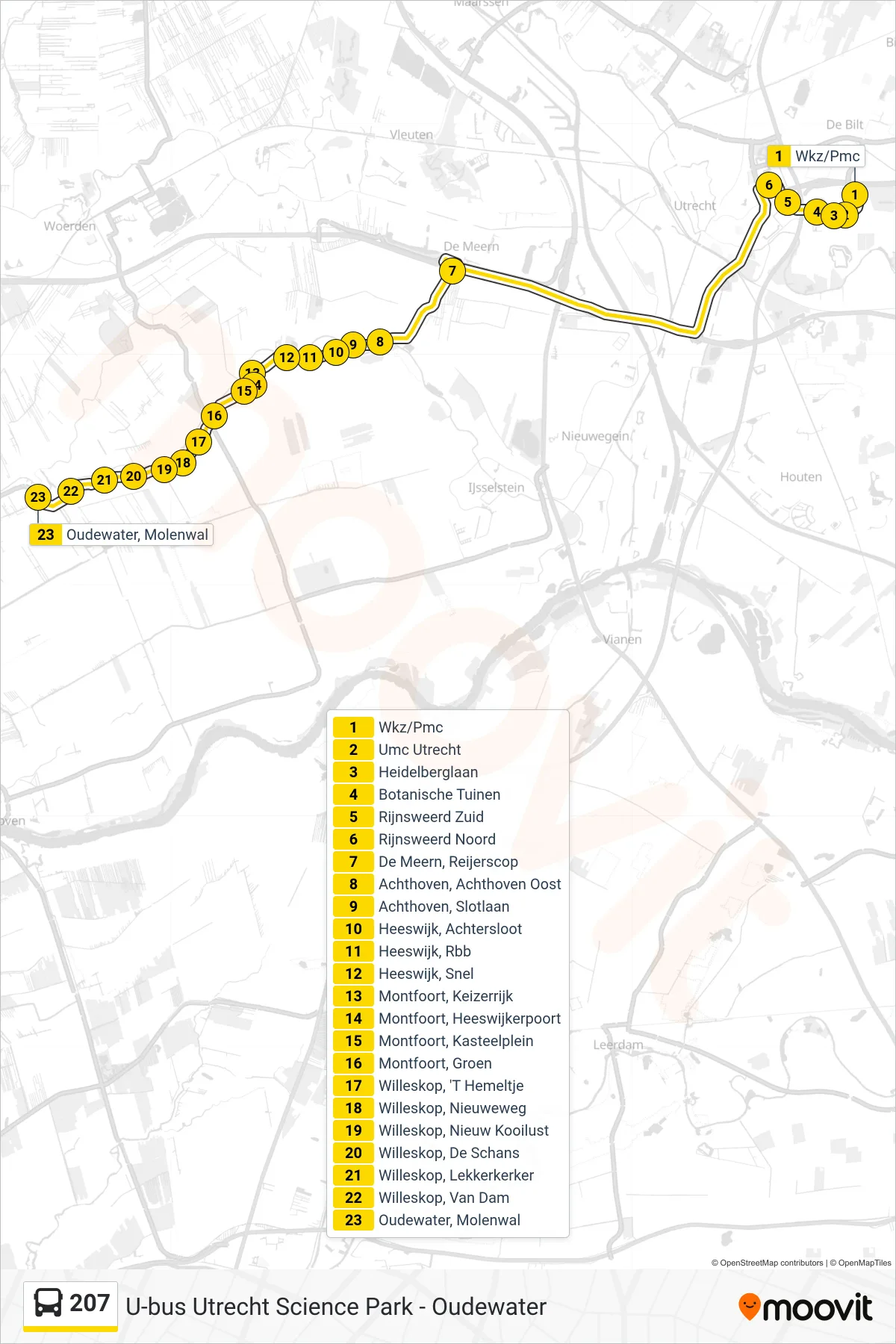Lijn 207 (bus, Oudewater): route en haltes op de kaart