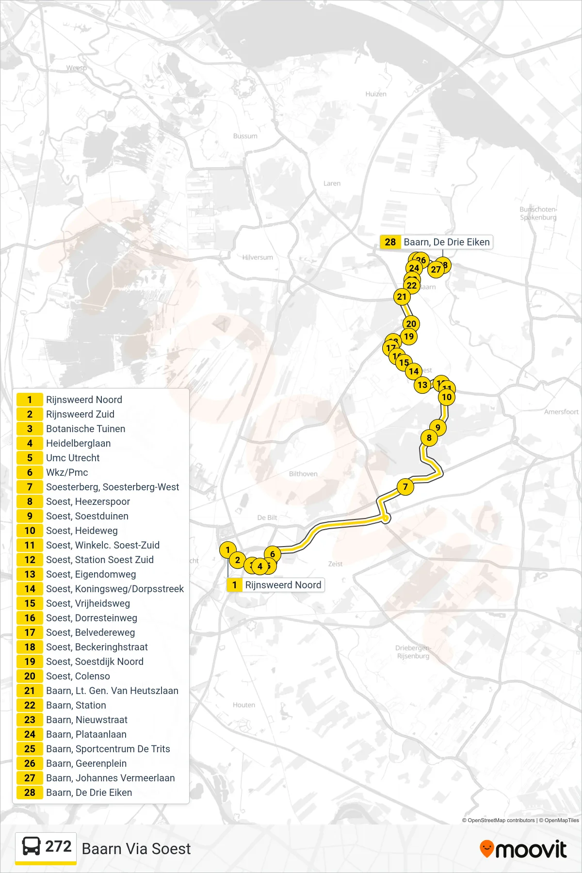 Lijn 272 (bus, Baarn Via Soest): route en haltes op de kaart