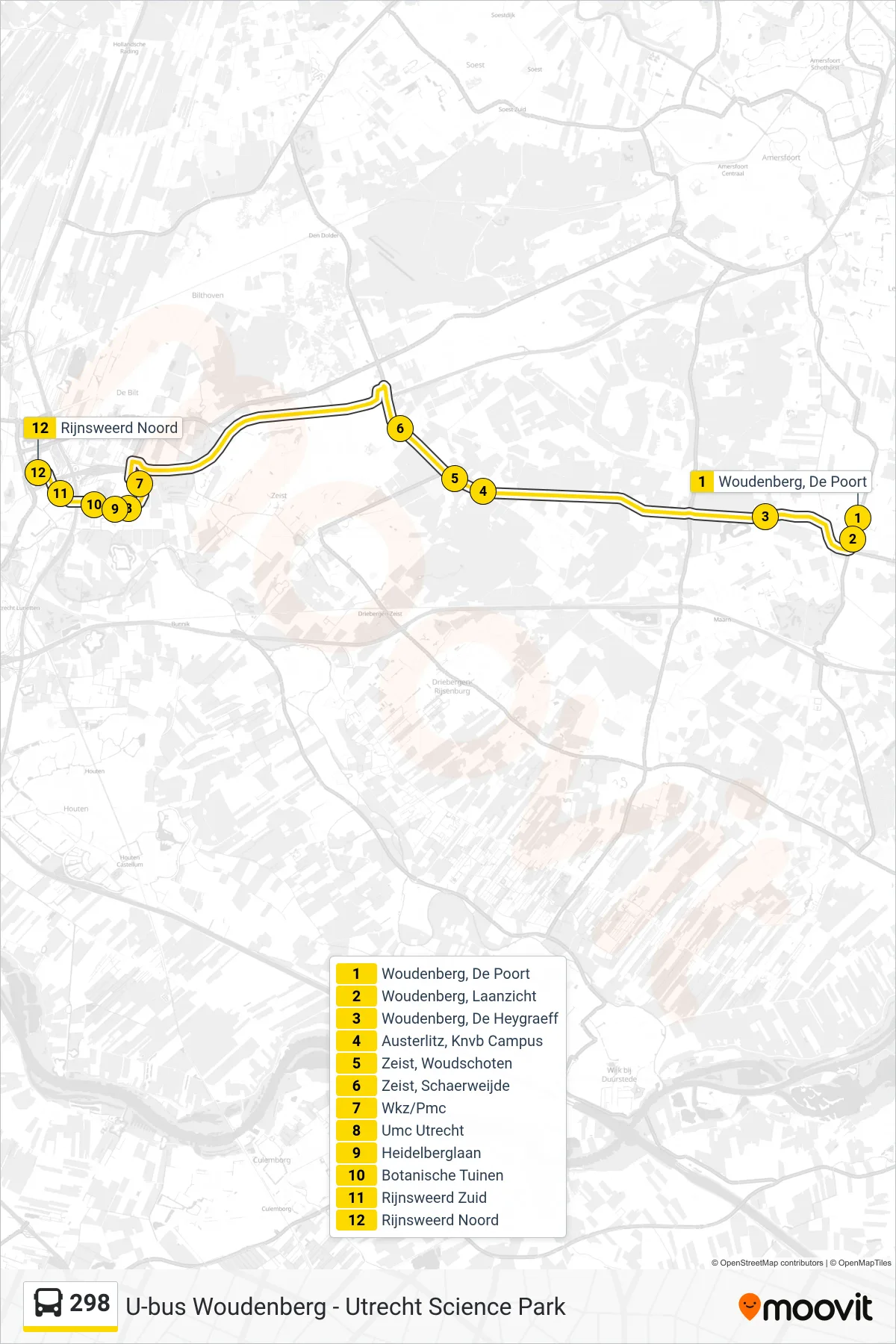 Lijn 298 (bus, Utrecht): route en haltes op de kaart