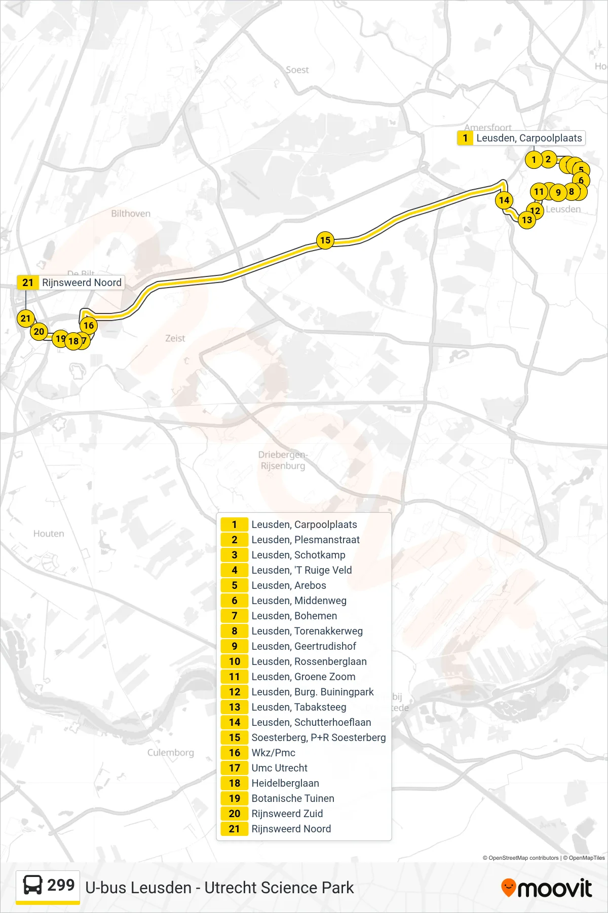 Lijn 299 (bus, Utrecht): route en haltes op de kaart