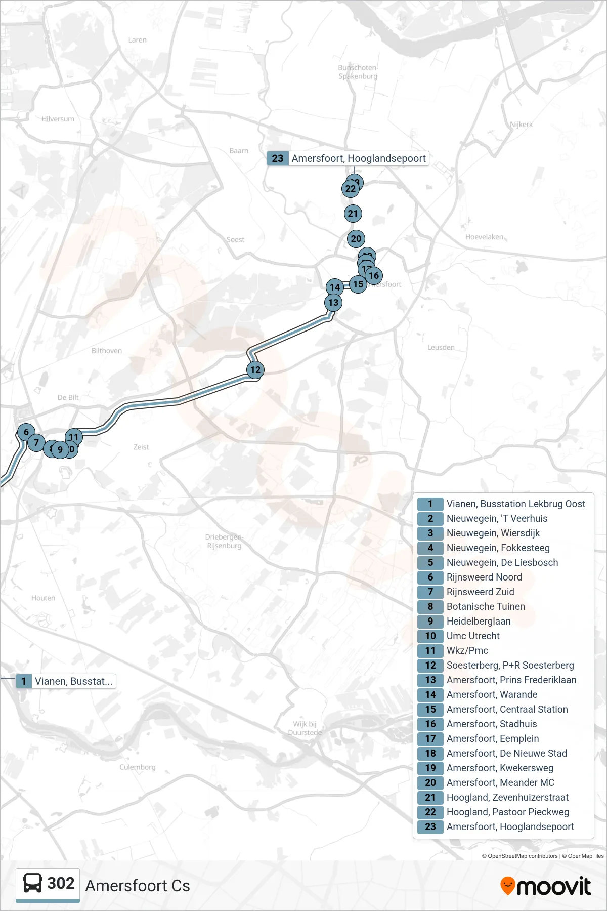 Lijn 302 (bus, Amersfoort Cs): route en haltes op de kaart