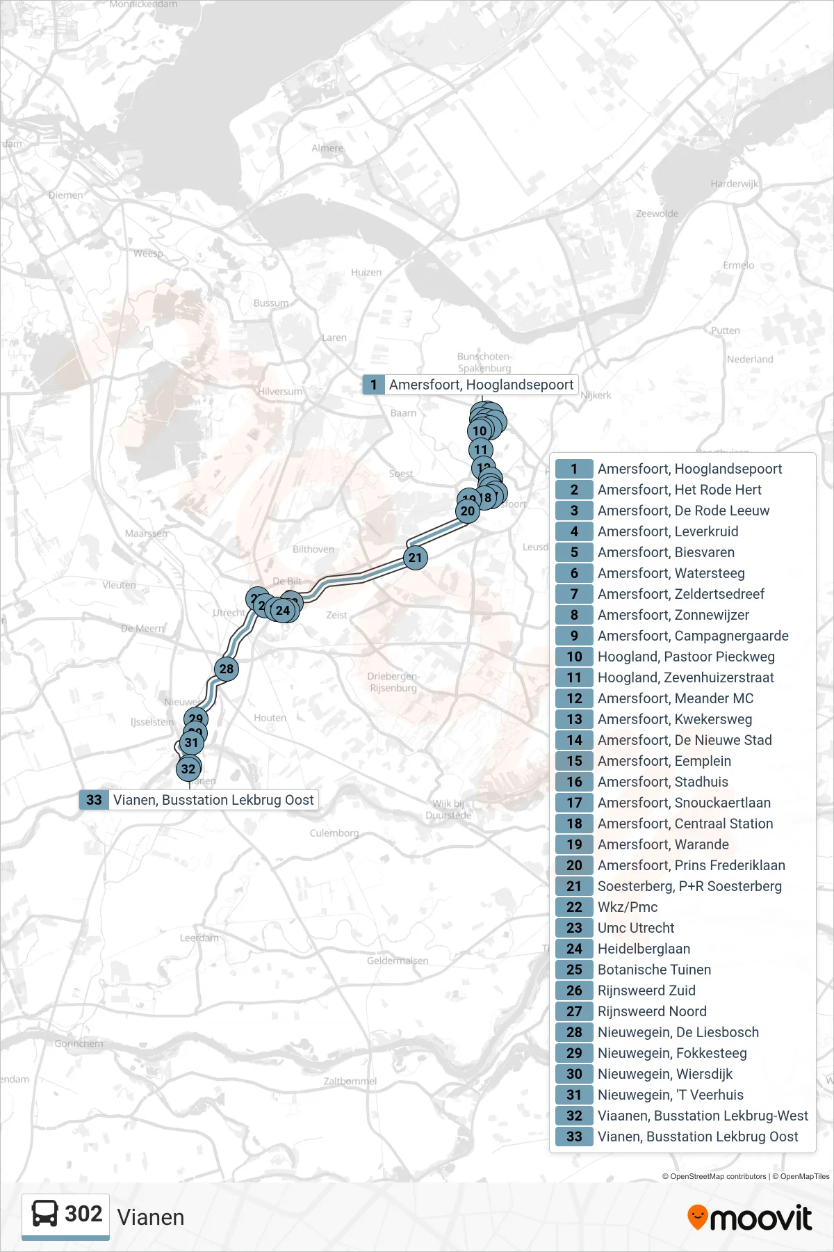 302 bus Line (Vianen) route and stops on a map