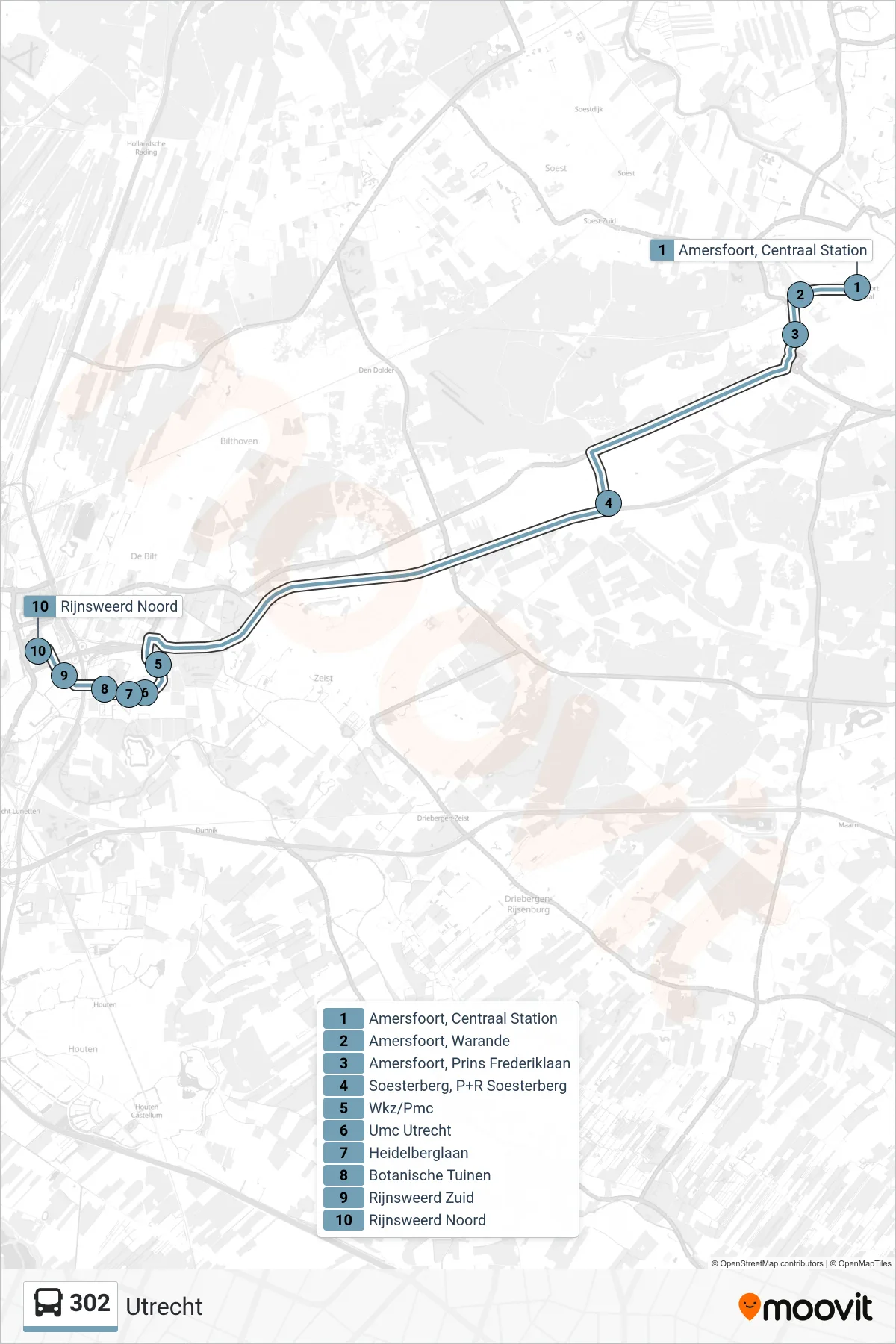 Lijn 302 (bus, Utrecht): route en haltes op de kaart