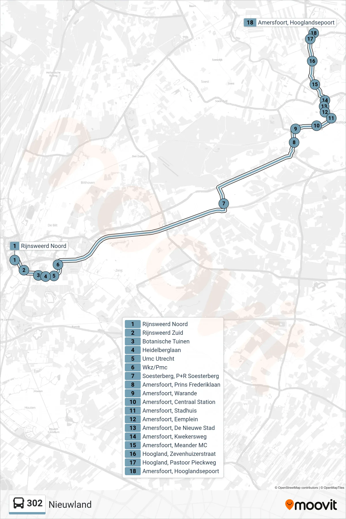 Lijn 302 (bus, Nieuwland): route en haltes op de kaart