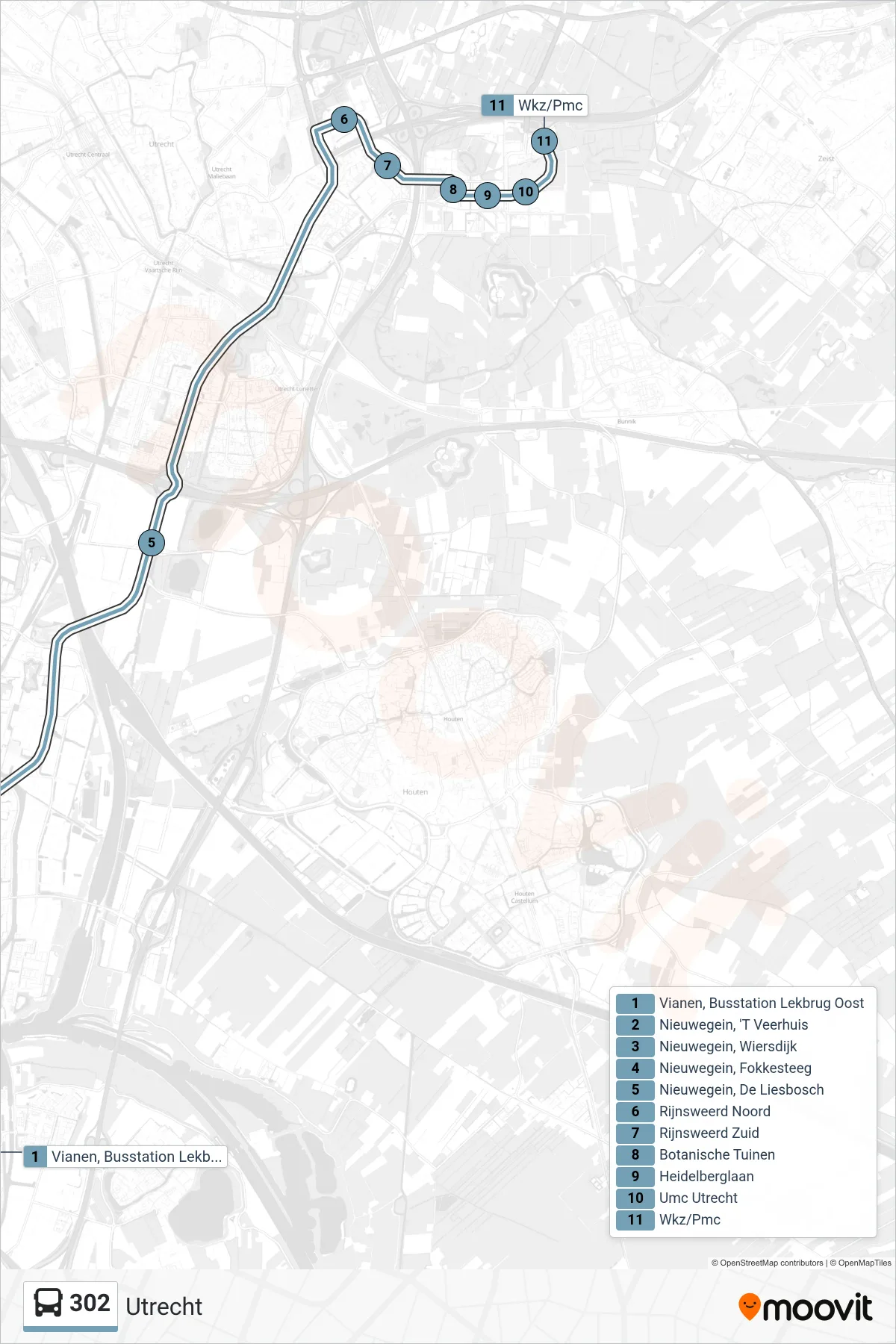 Lijn 302 (bus, Utrecht): route en haltes op de kaart