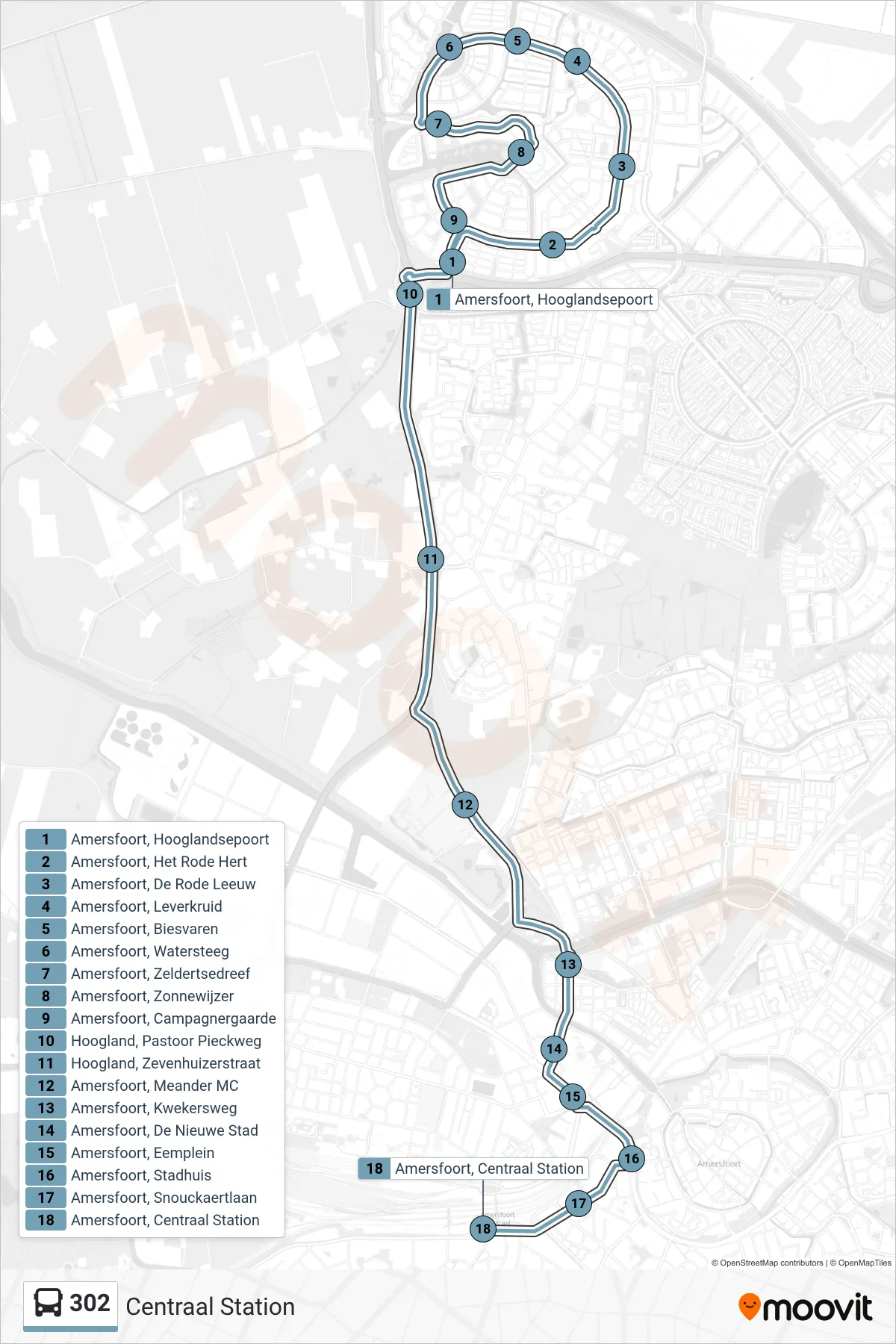 Lijn 302 (bus, Centraal Station): route en haltes op de kaart