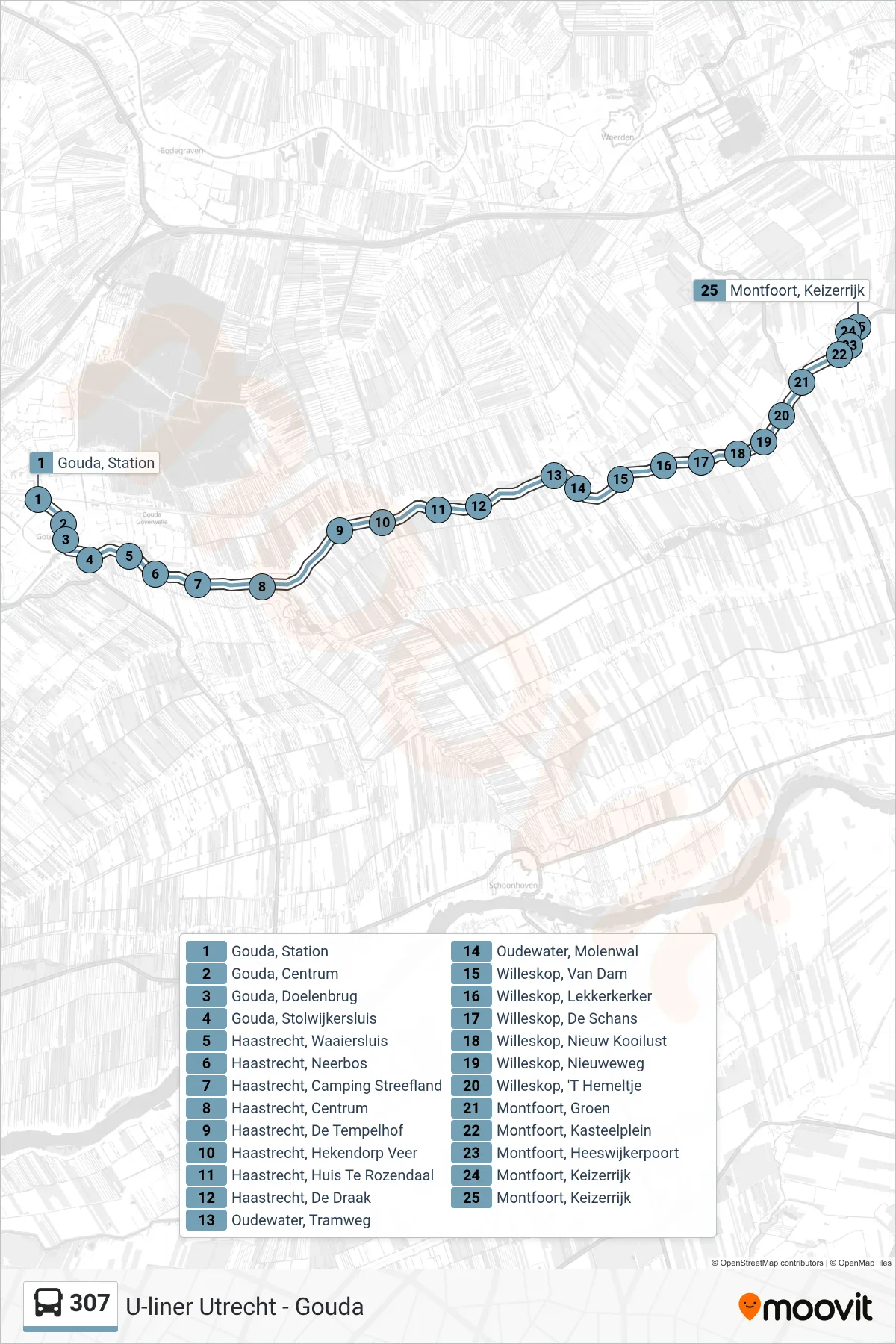 Lijn 307 (bus, Montfoort): route en haltes op de kaart