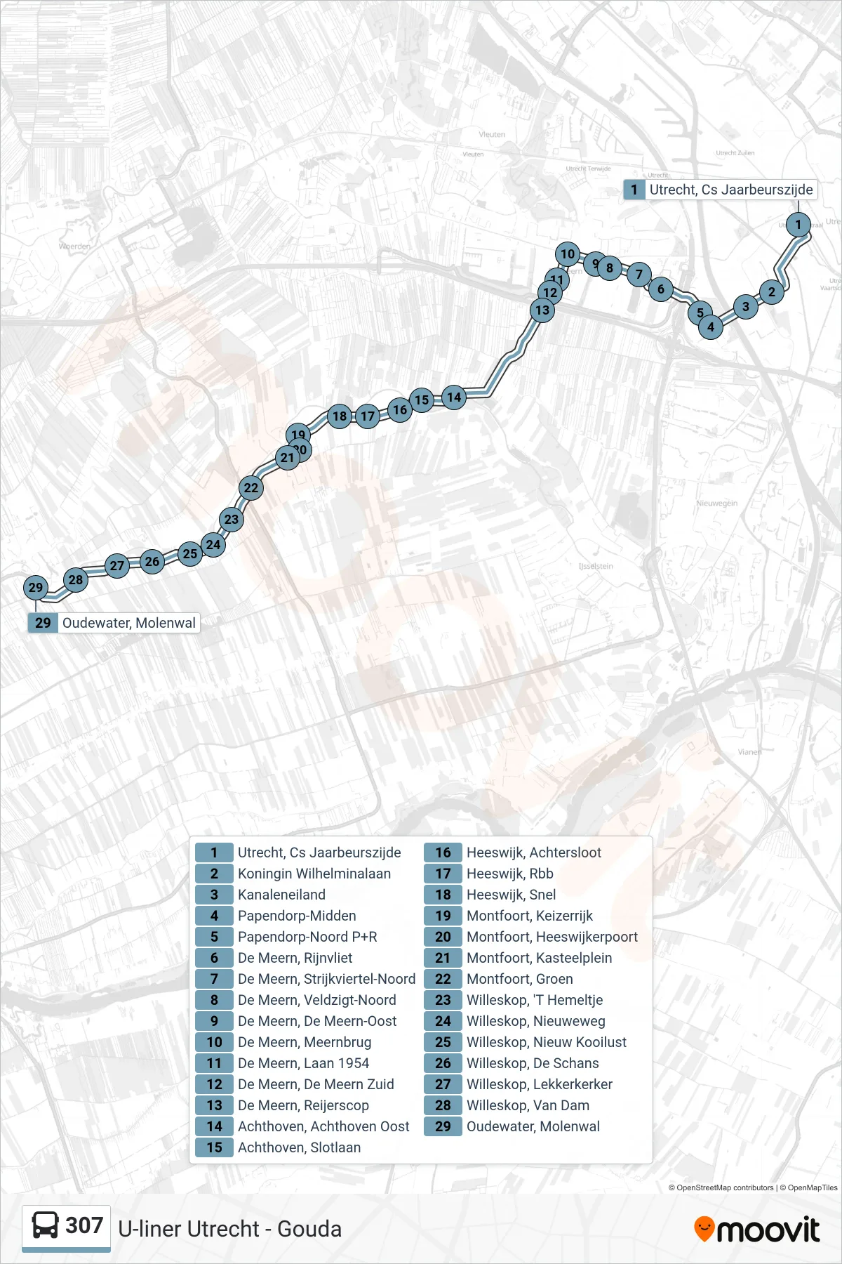 Lijn 307 (bus, Oudewater): route en haltes op de kaart