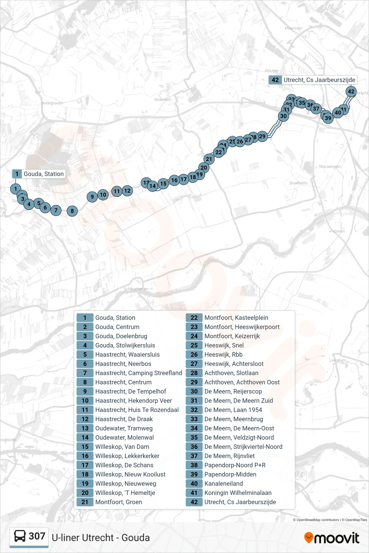 Lijn 307 (bus, Utrecht Cs): route en haltes op de kaart