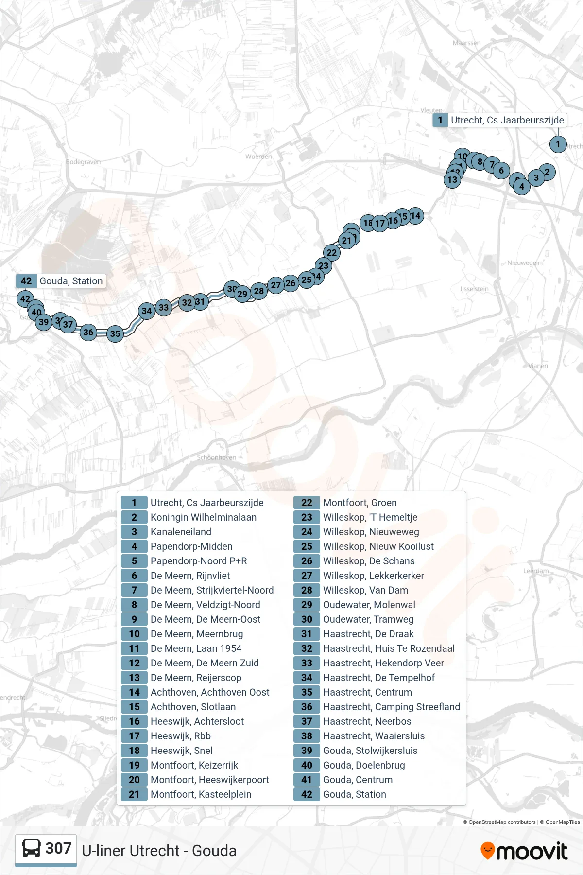 Lijn 307 (bus, Gouda): route en haltes op de kaart