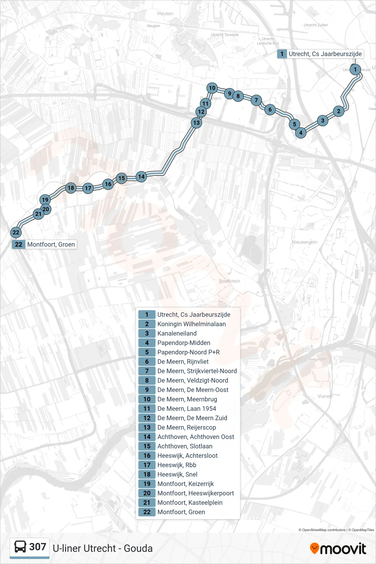 Lijn 307 (bus, Montfoort): route en haltes op de kaart