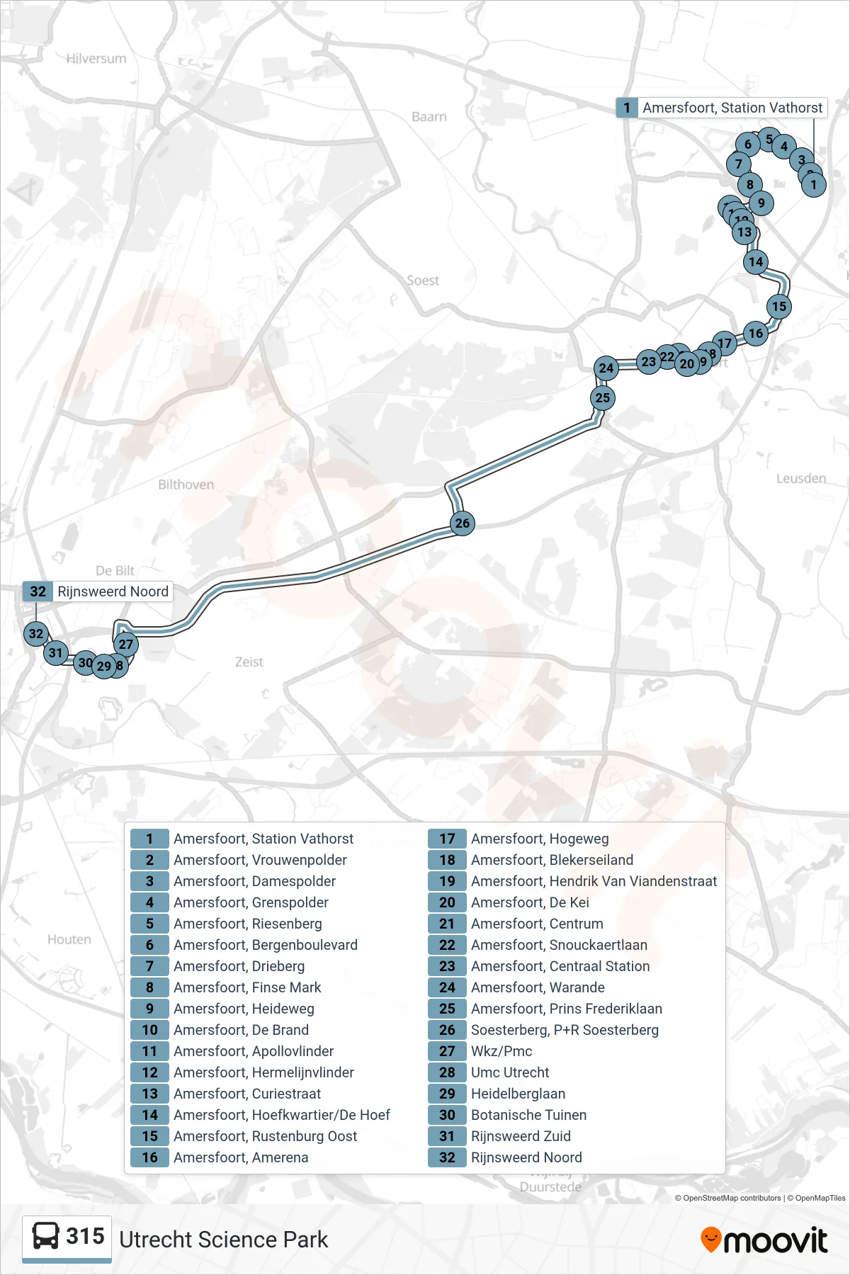 Lijn 315 (bus, Utrecht Science Park): route en haltes op de kaart
