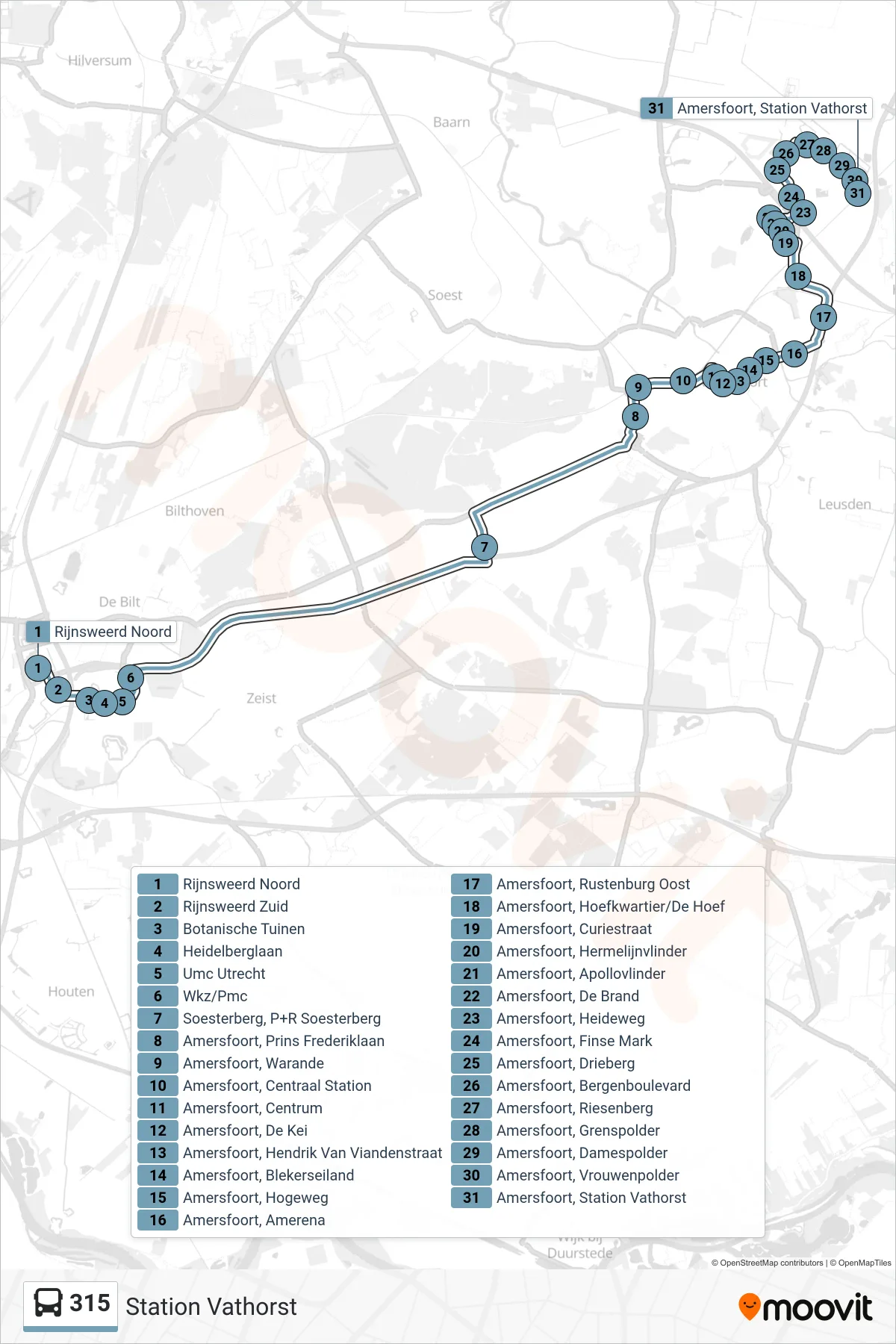 Lijn 315 (bus, Station Vathorst): route en haltes op de kaart